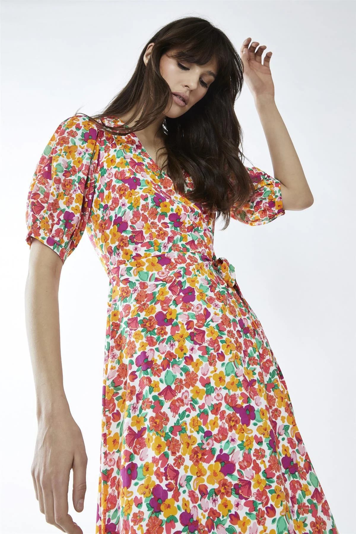 Bright-Floral Wrap Midi-Dress - Image 4