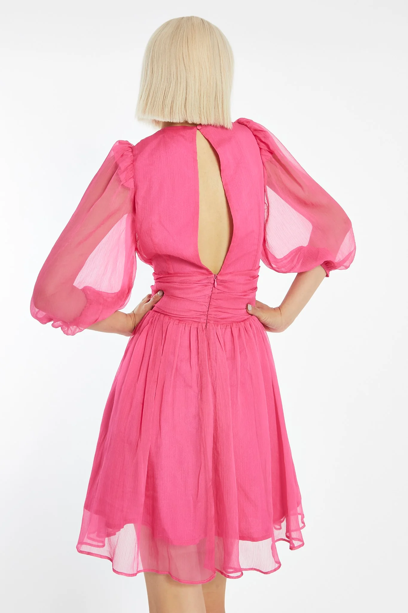Bright-Pink Gathered Plunge Puff Sleeve Mini-Dress - Image 2