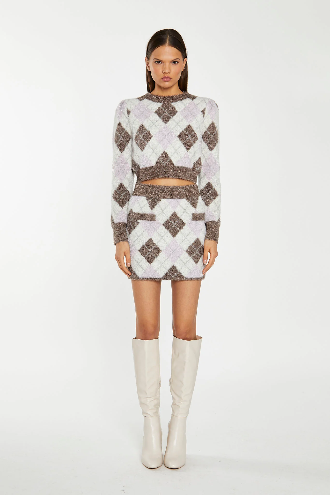 Brown Multi-Argyle Glitter Knit Crop-Jumper - Image 4