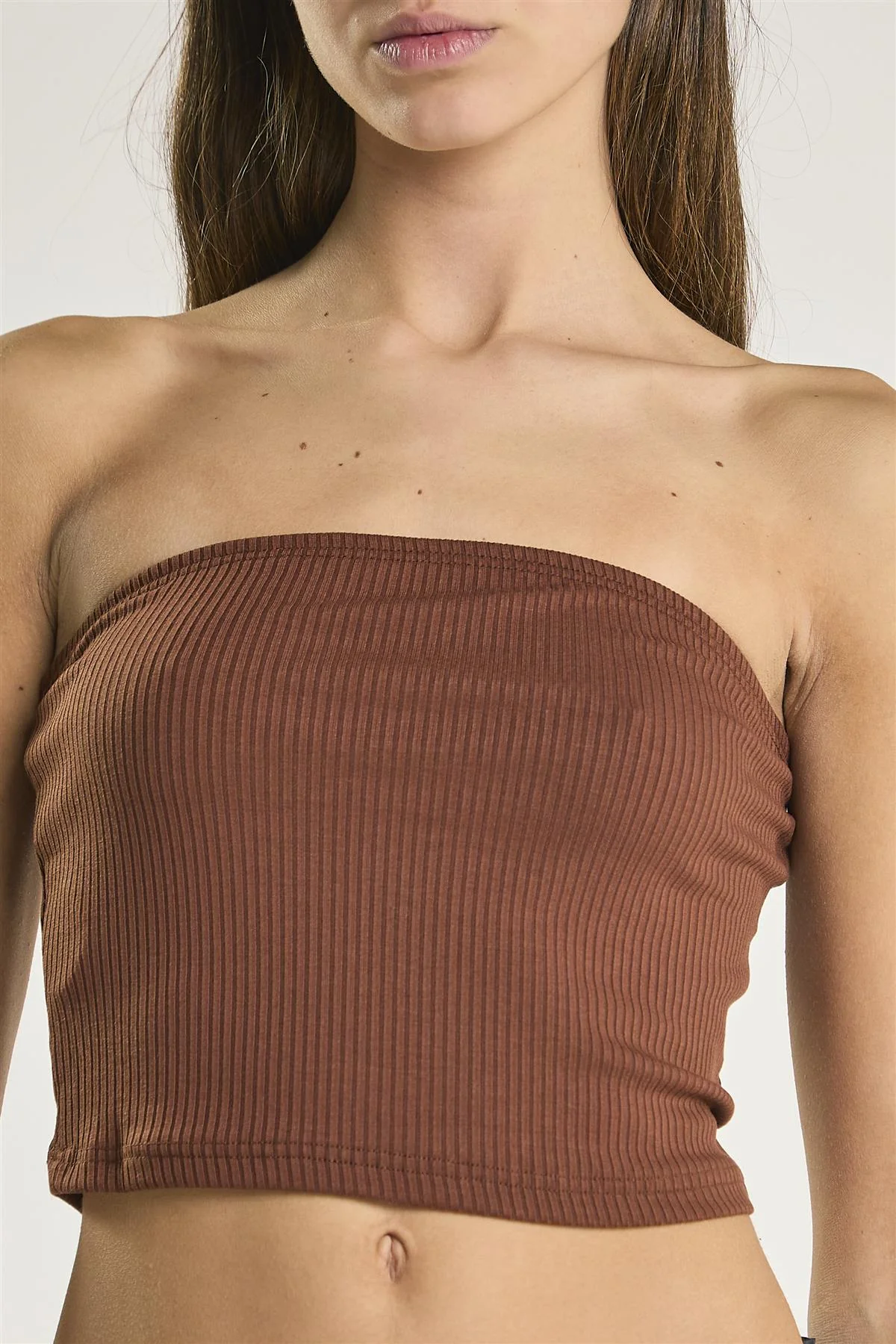 Brown Rib Bandeau Crop-Top - Image 4