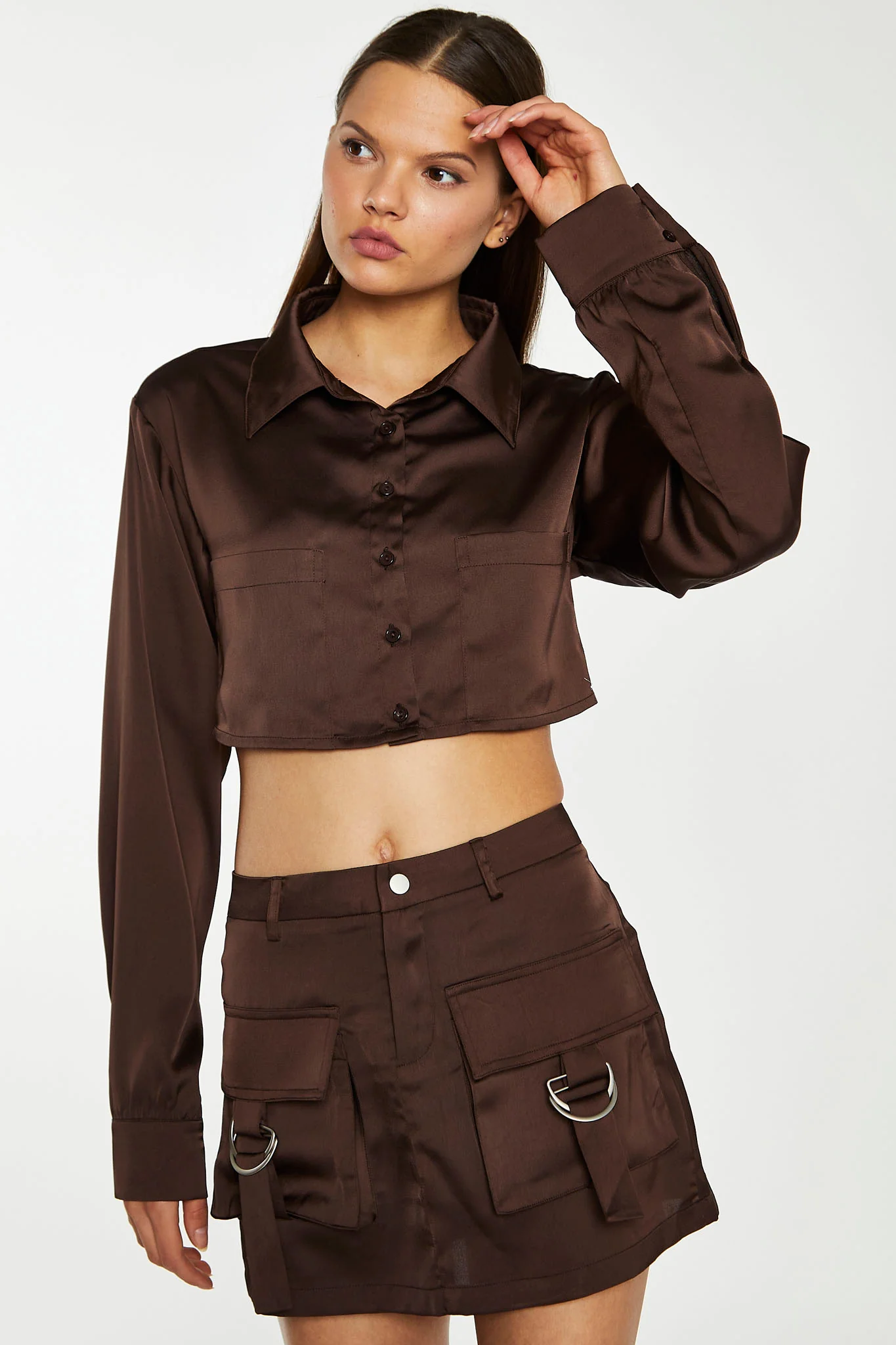 Brown Satin Cargo Mini-Skirt - Image 5