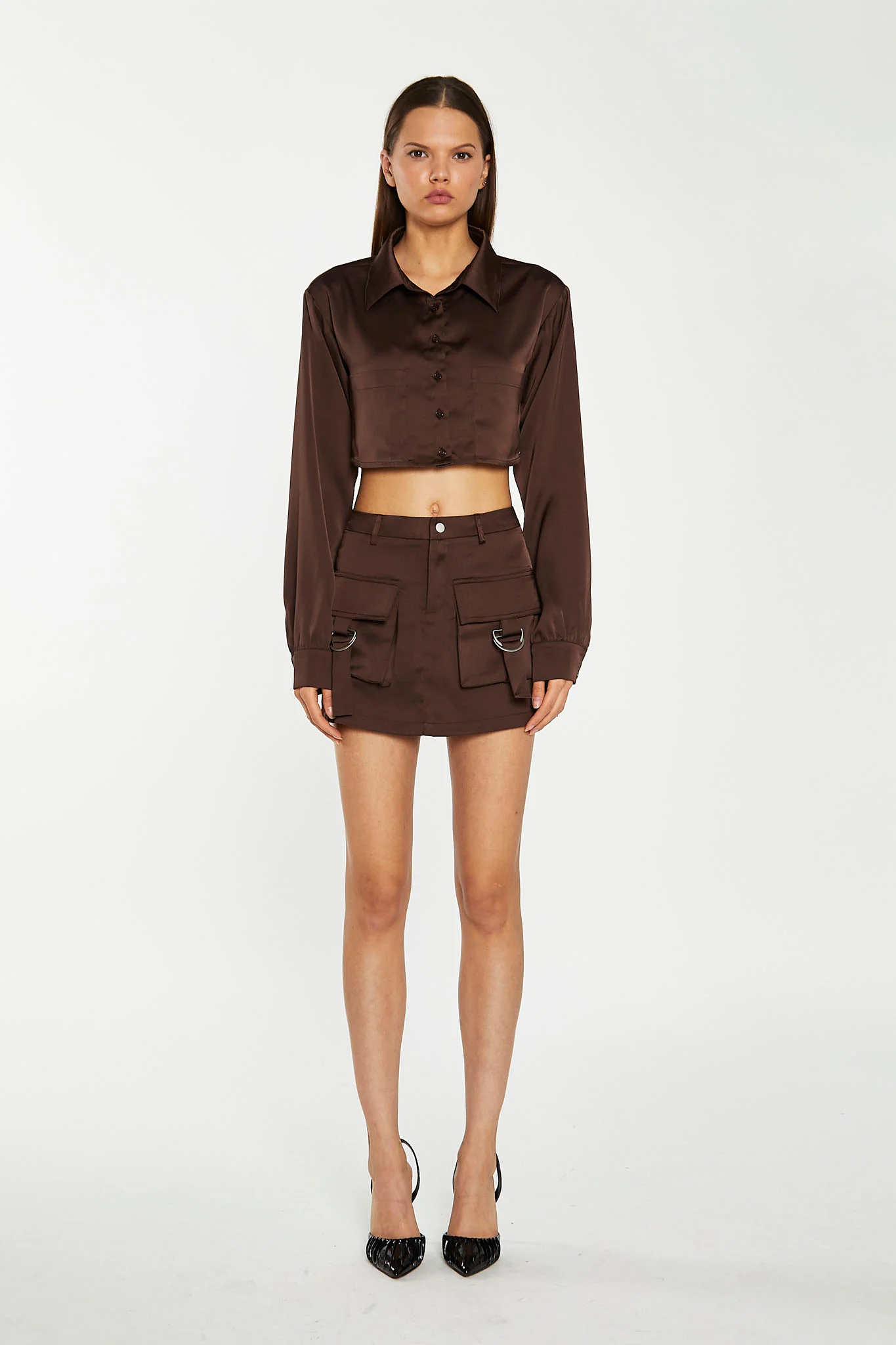 Brown Satin Cargo Mini-Skirt - Image 6