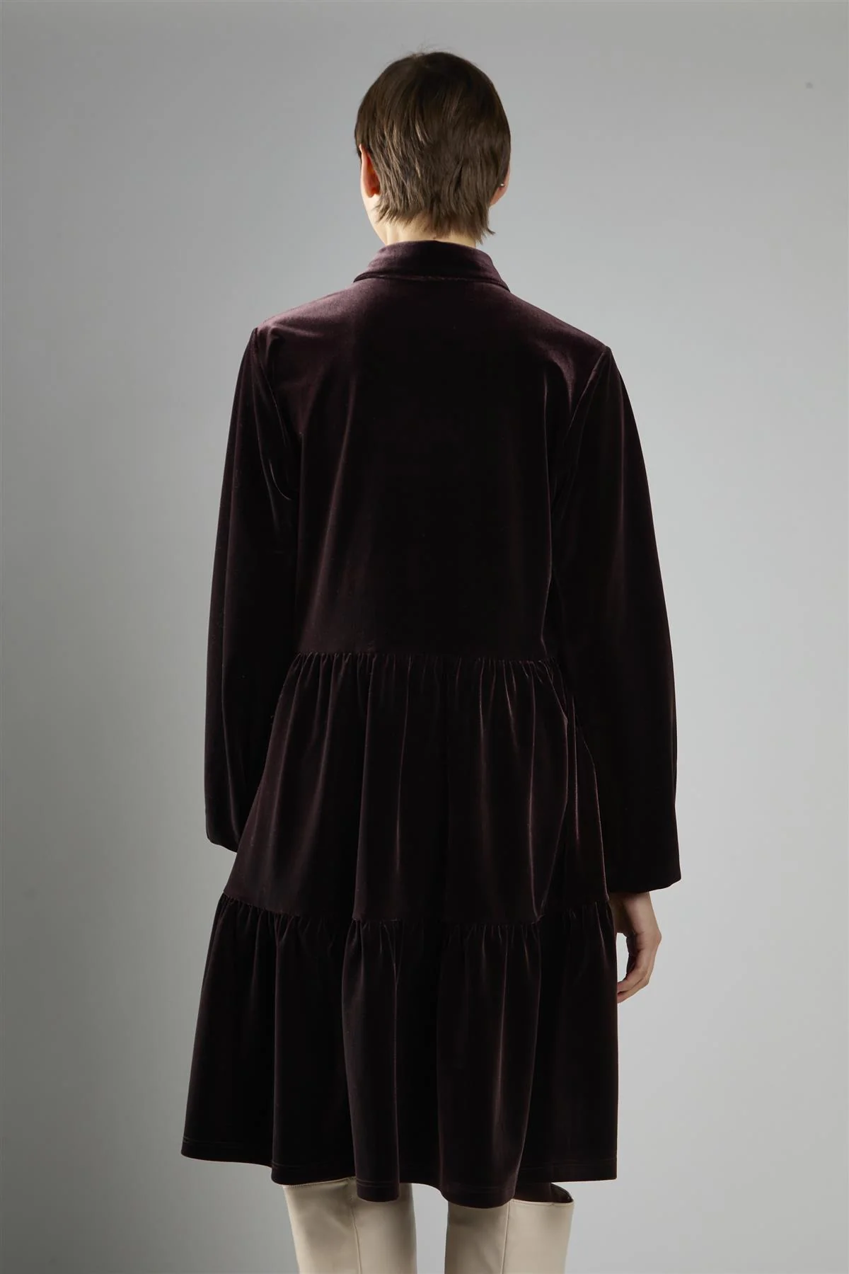 Brown Velvet A-Line Long Sleeve Midi Dress - Image 2