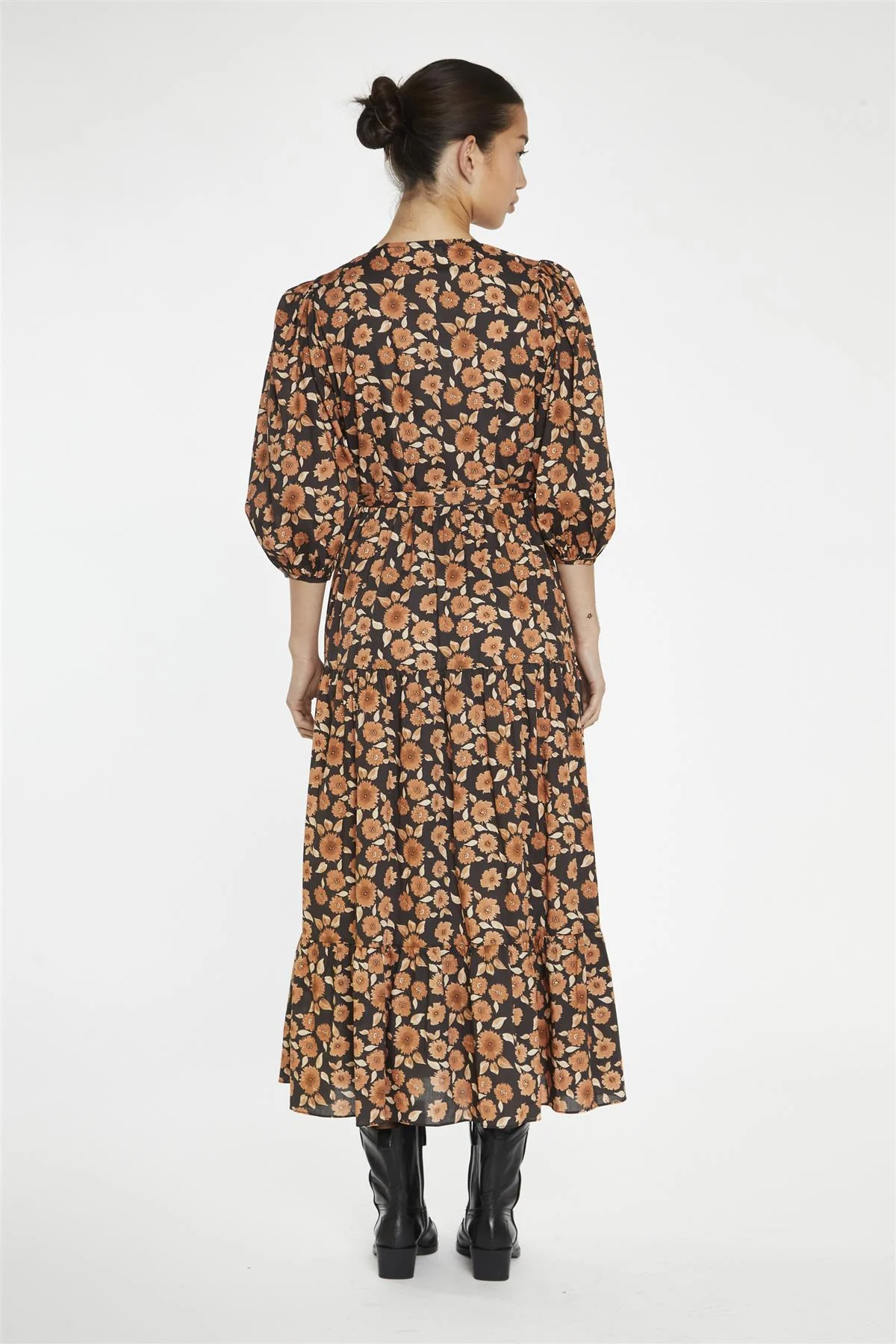 Burnt-Orange Daisy Wrap Midi-Dress - Image 2