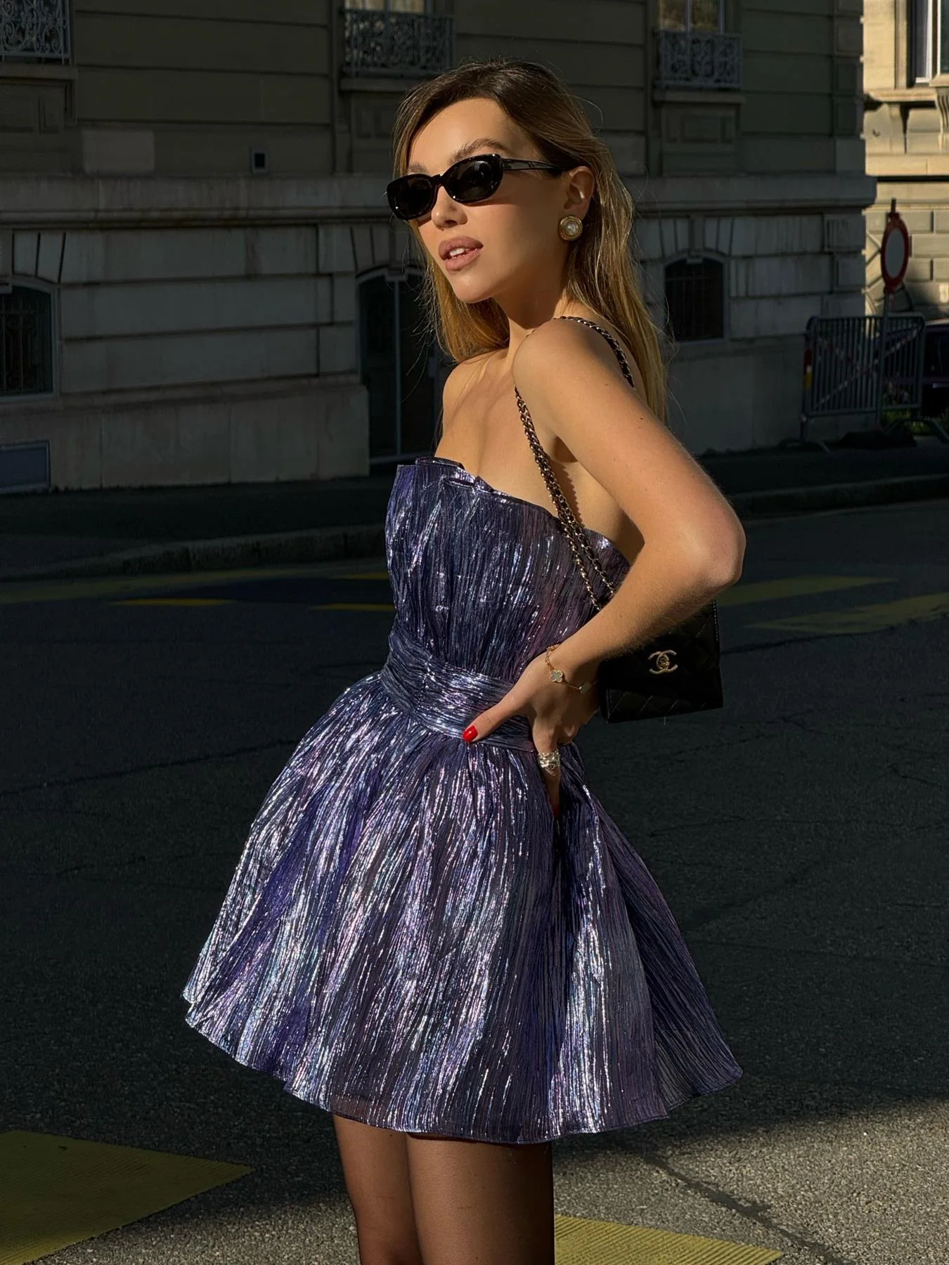 Callie Gathered Bandeau Mini Dress-Purple-Blue Metallic - Image 2