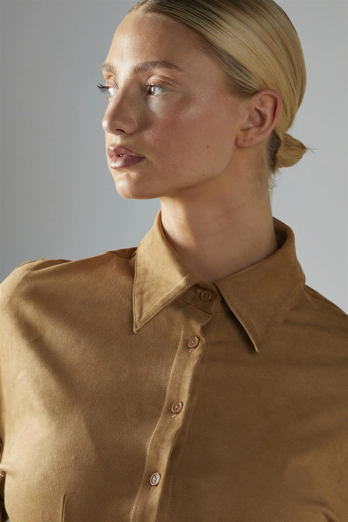 Camel Faux Suede Button Up Fitted Shirt - Image 4