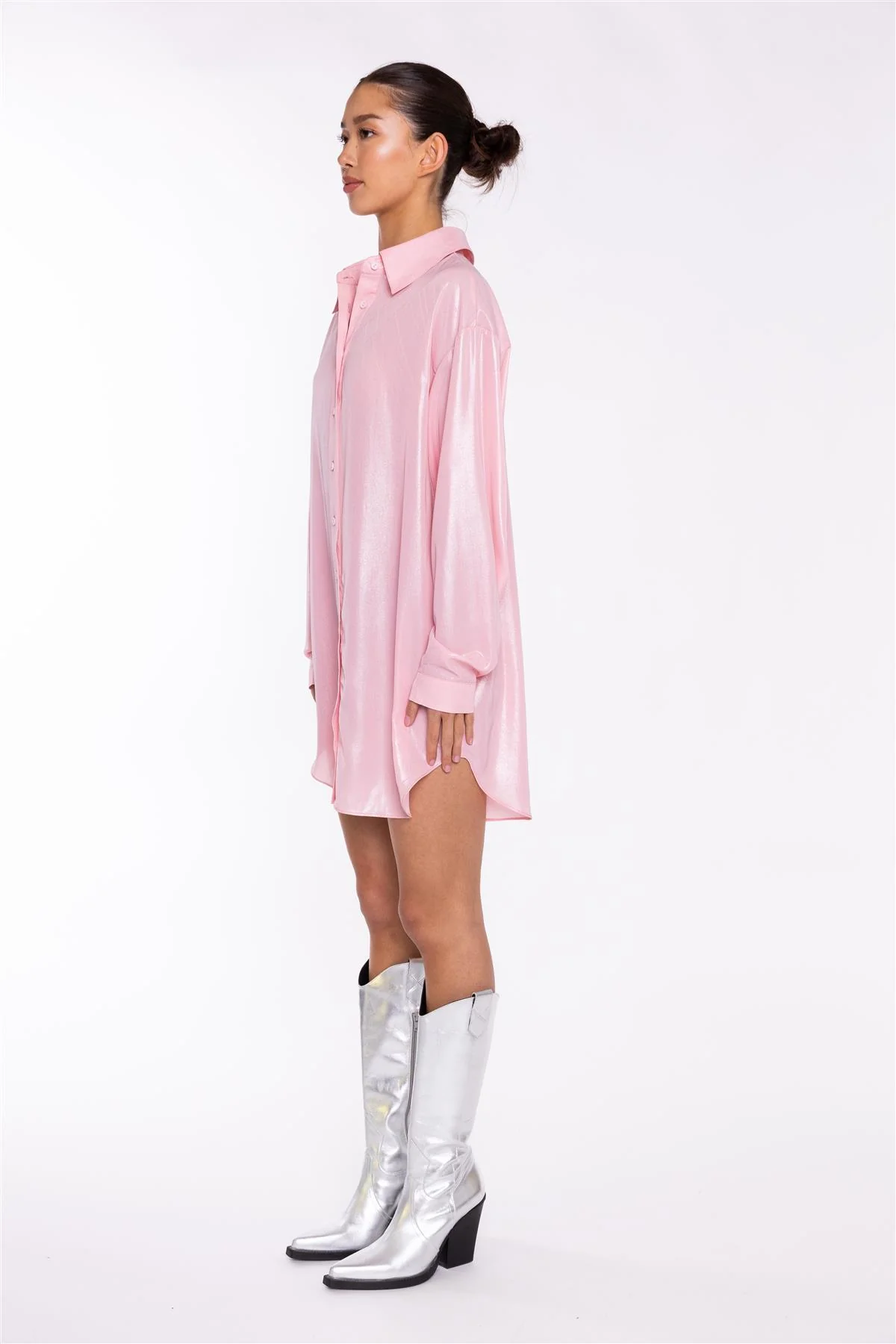 Candy-Pink Shimmer Shirt Mini-Dress - Image 4