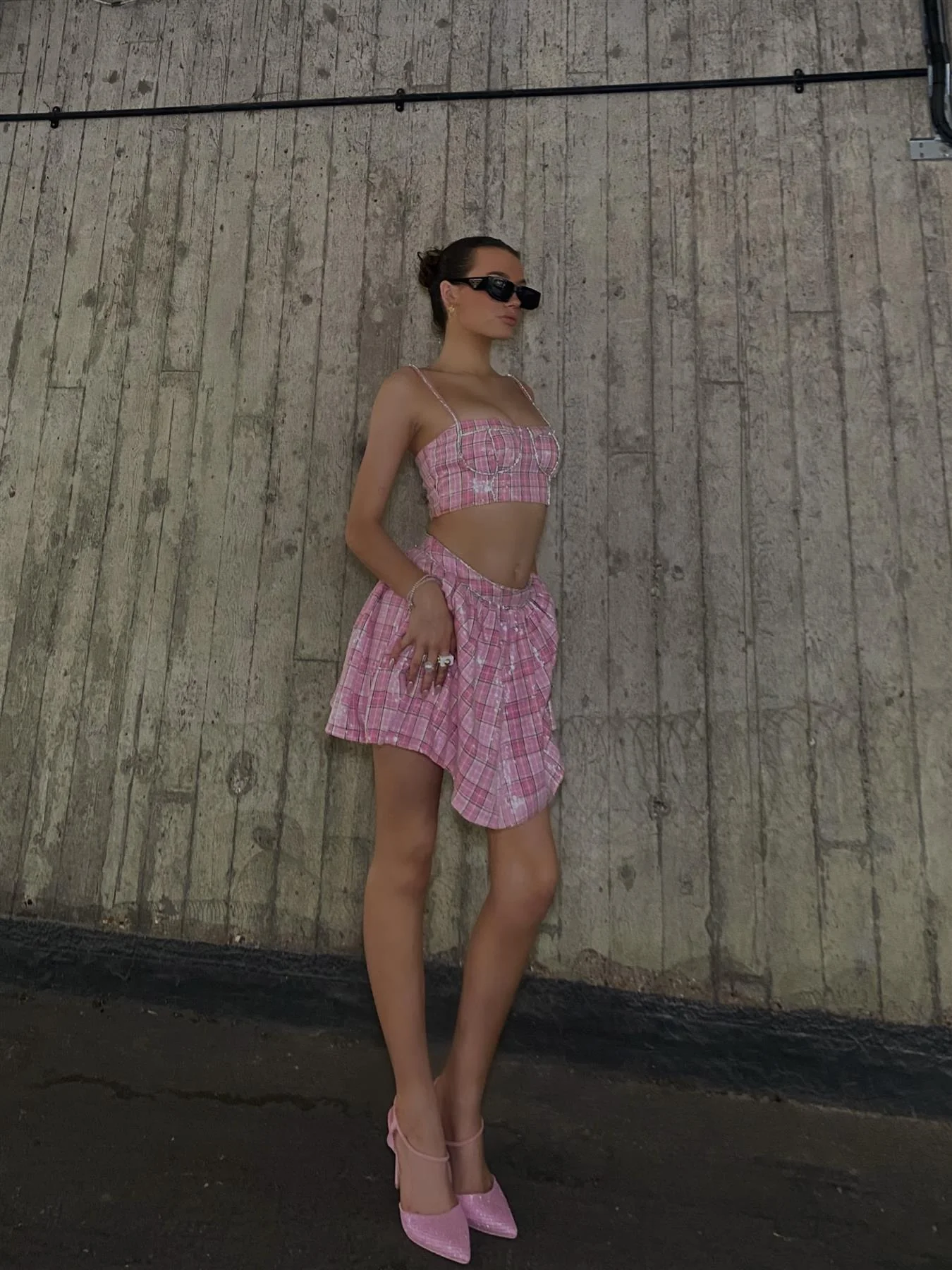 Cher Co-ord Diamante Trim Skater Mini Skirt - Pink Check Sequin - Image 5