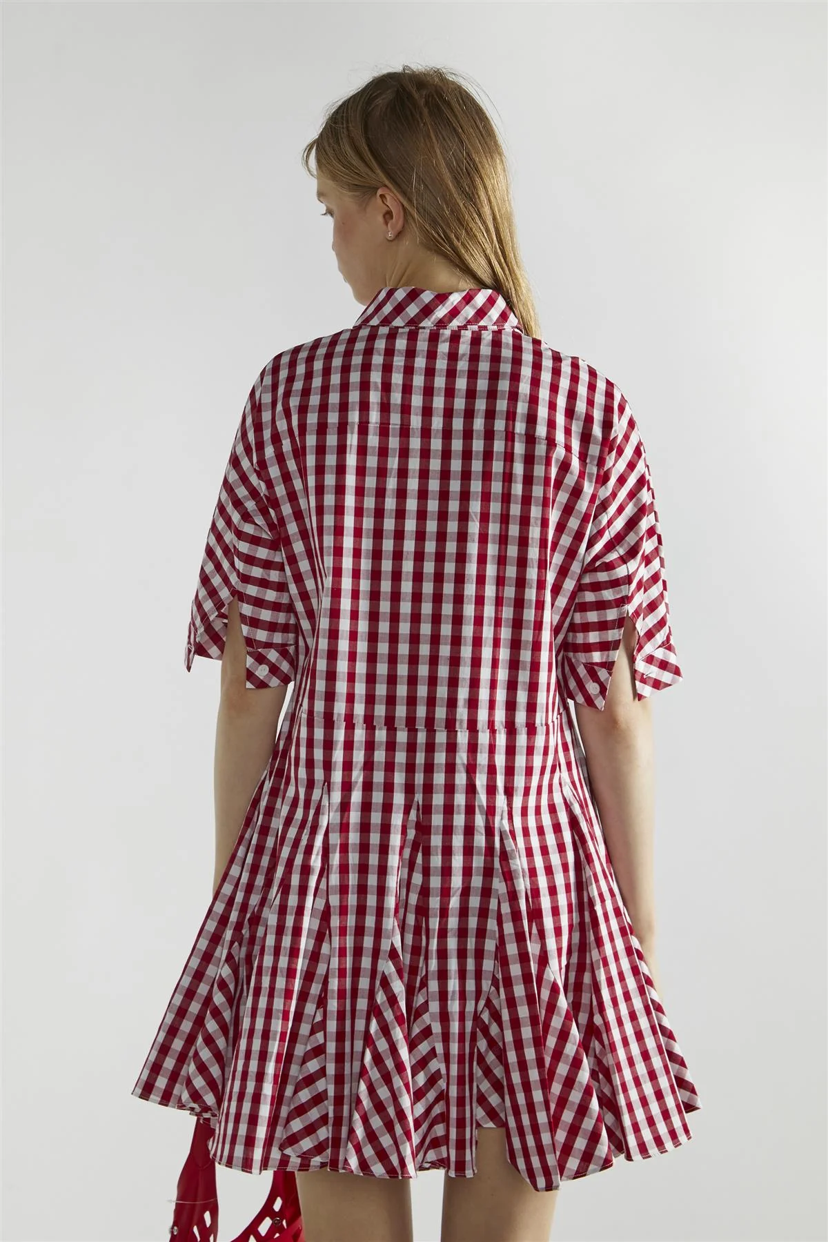 Cherry-Red-Gingham Button-Up- Mini-Dresses - Image 2