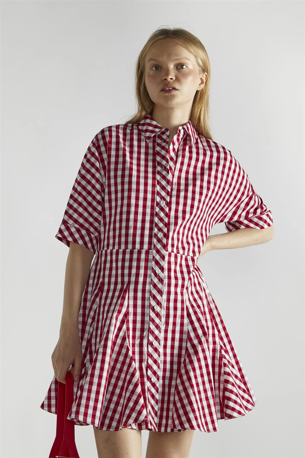 Cherry-Red-Gingham Button-Up- Mini-Dresses - Image 3