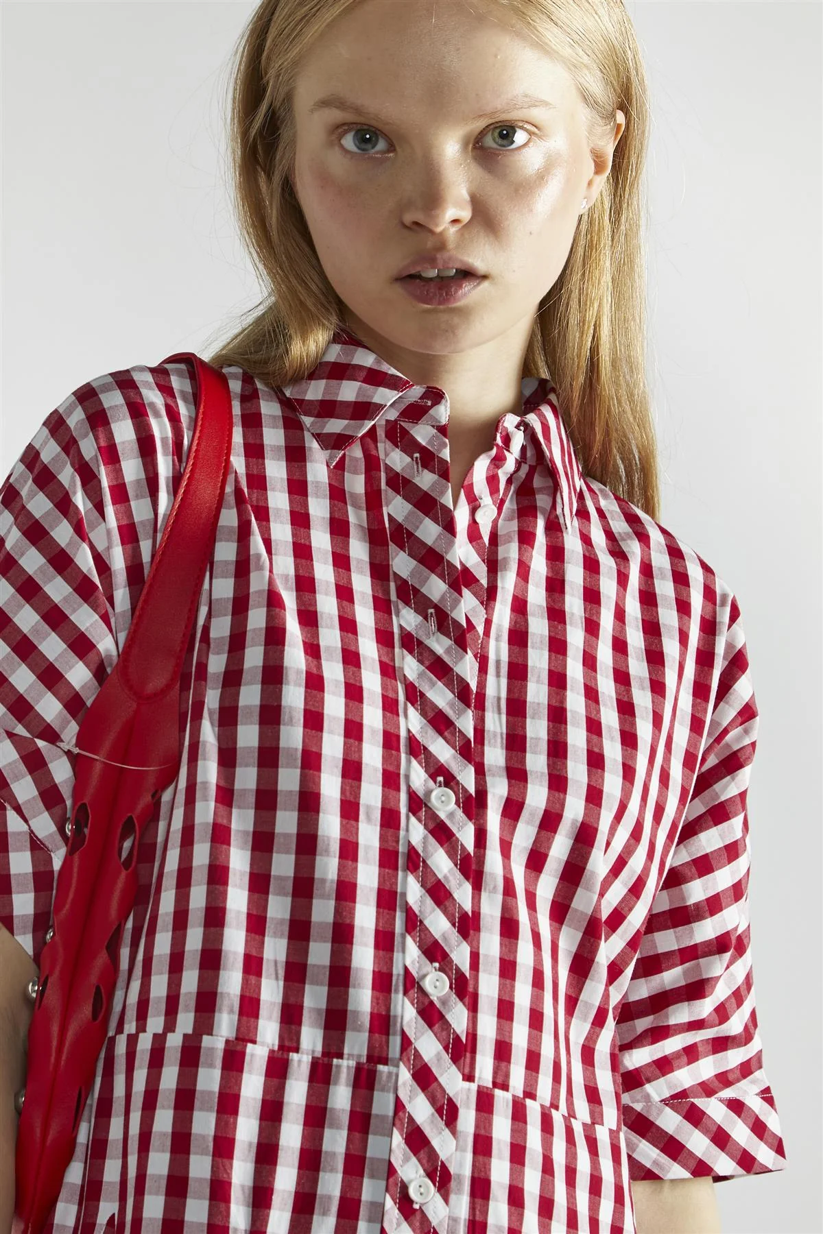 Cherry-Red-Gingham Button-Up- Mini-Dresses - Image 4