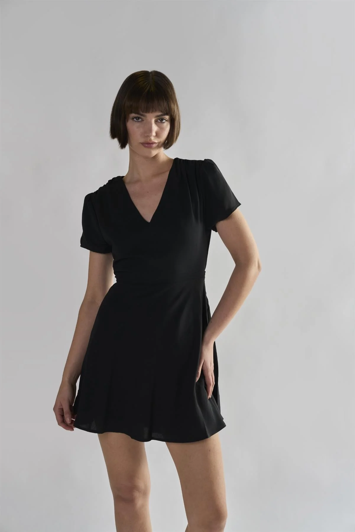 Black V-Neck Short Sleeve Mini Dress - Image 3
