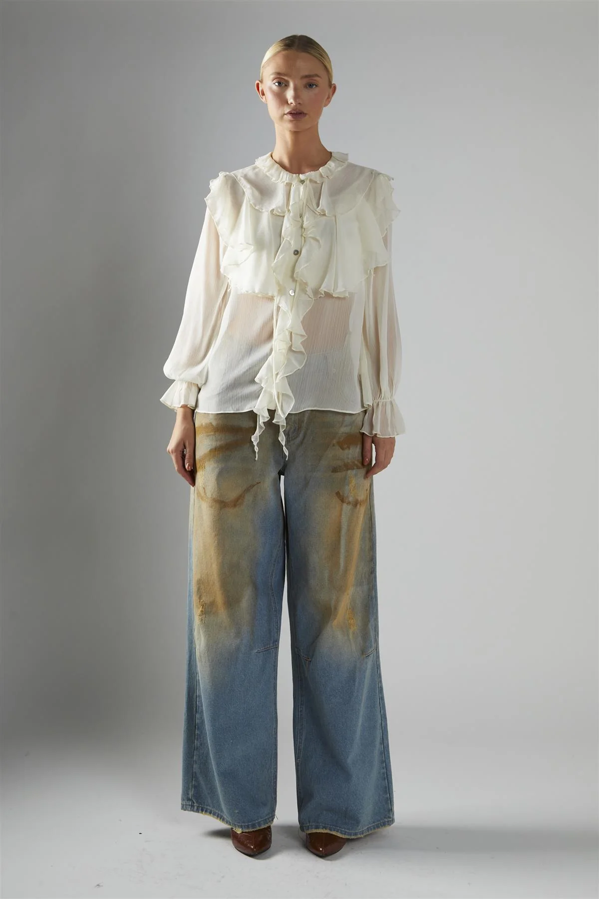 Cream Button-Front-Ruffle Blouse