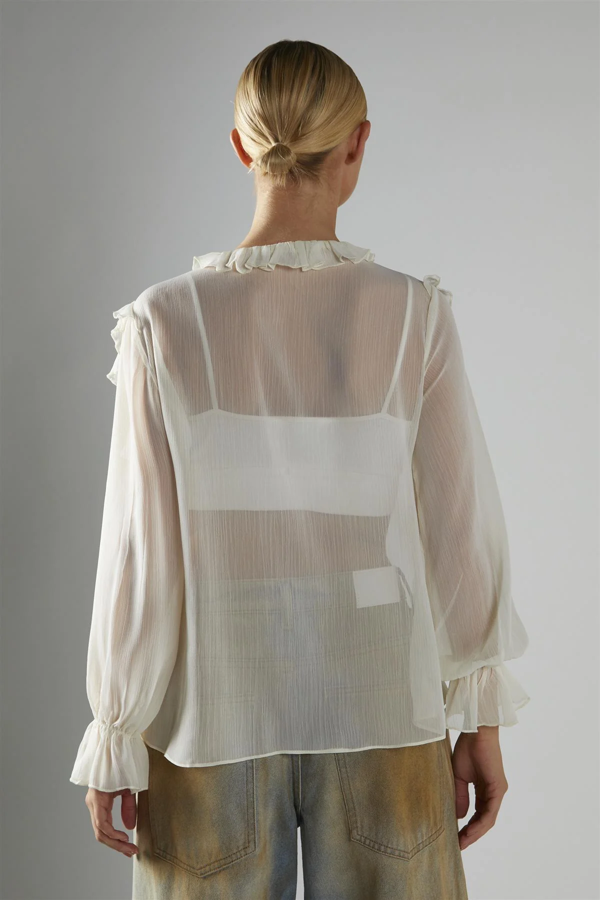 Cream Button-Front-Ruffle Blouse - Image 2