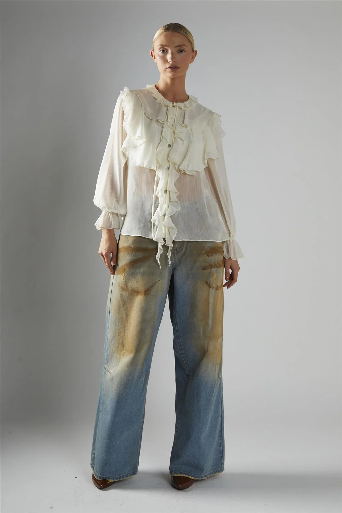 Cream Button-Front-Ruffle Blouse - Image 5