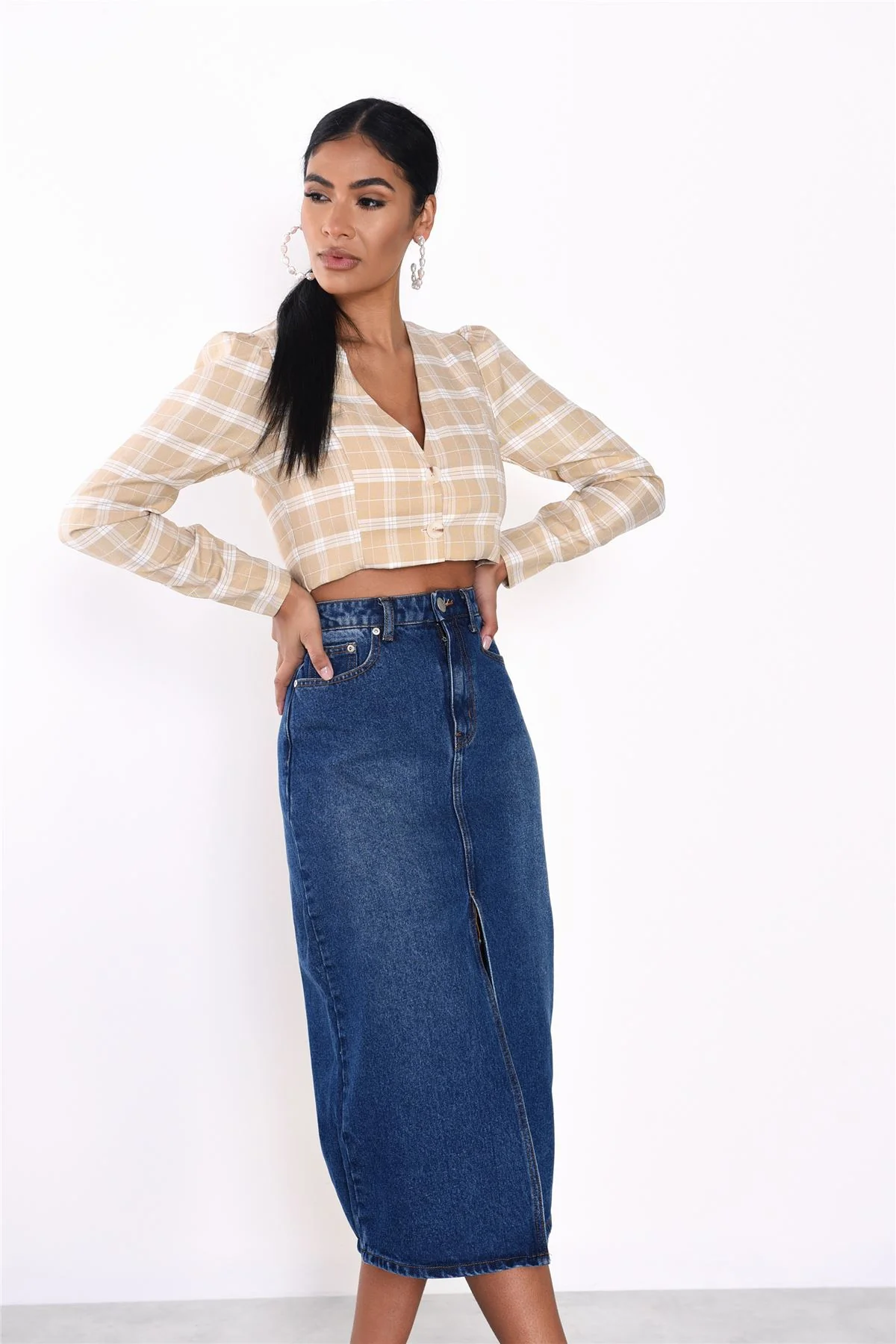 Dark Blue Stonewash Split High Waisted Midi Skirt - Image 6