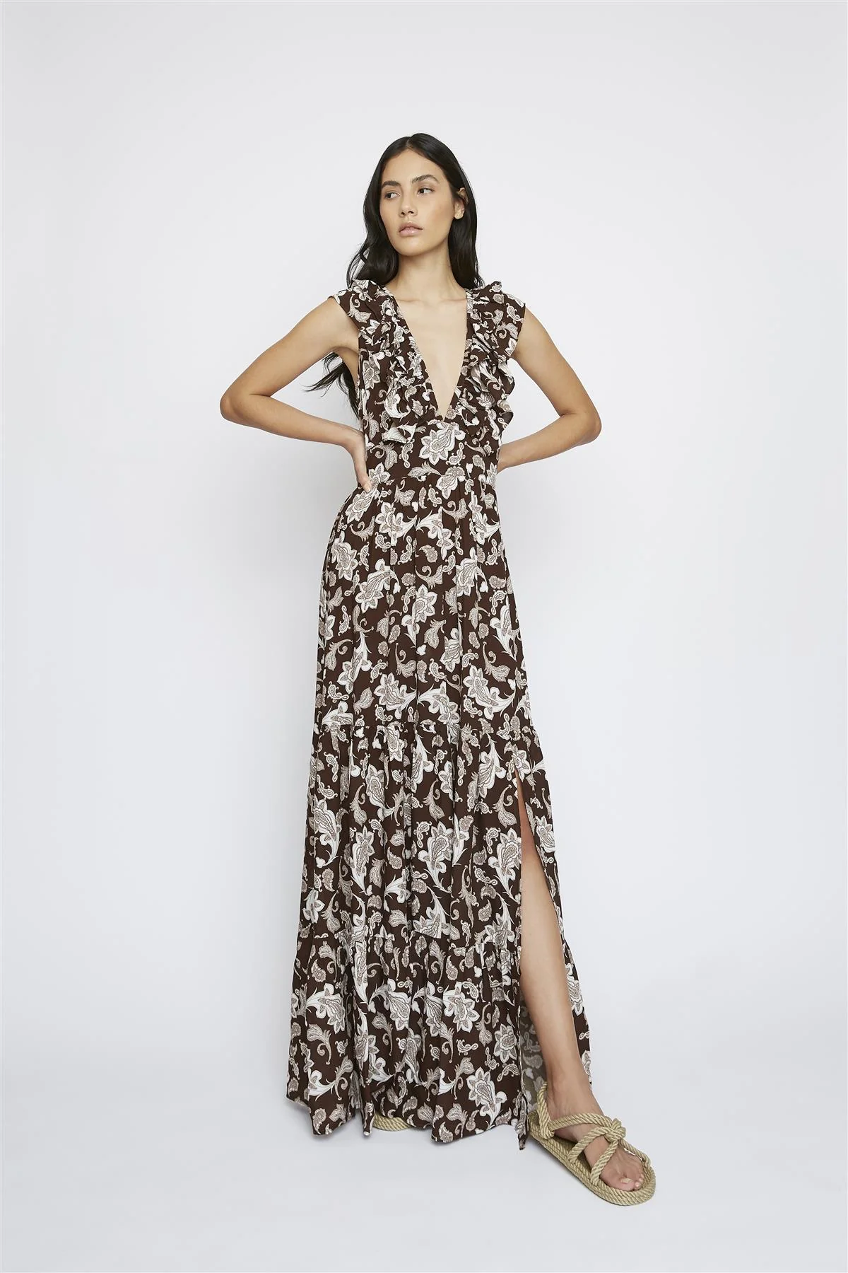 Dark-Brown-Paisley Deep-V-Neck Maxi-Dress - Image 3