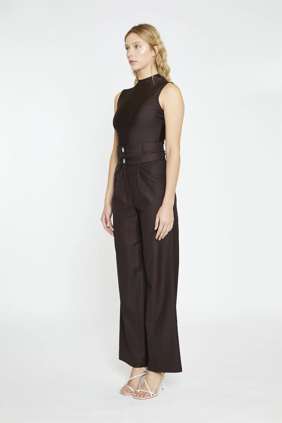Dark Brown Turtle-Neck Sleeveless-Bodysuit