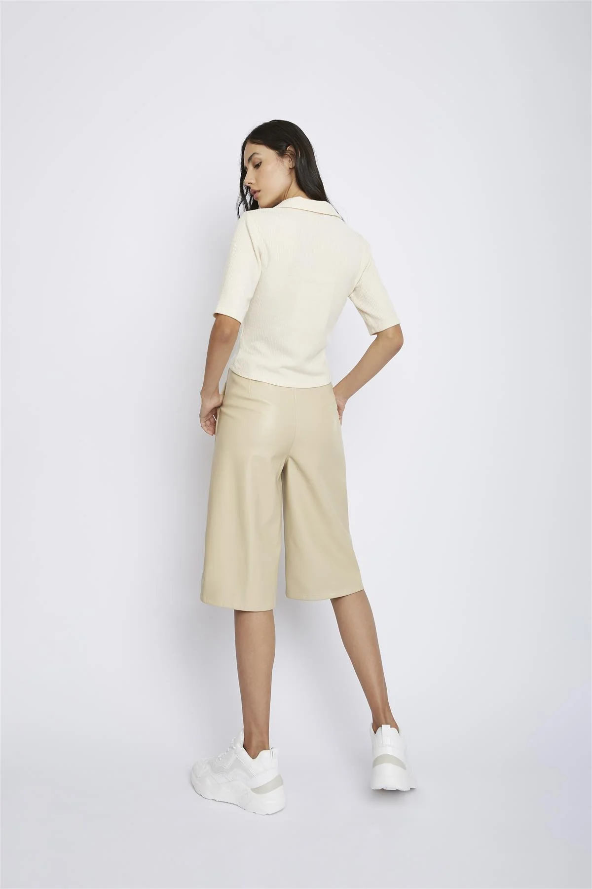 Dark-Cream Fitted-Button-Up-Polo-Top - Image 2