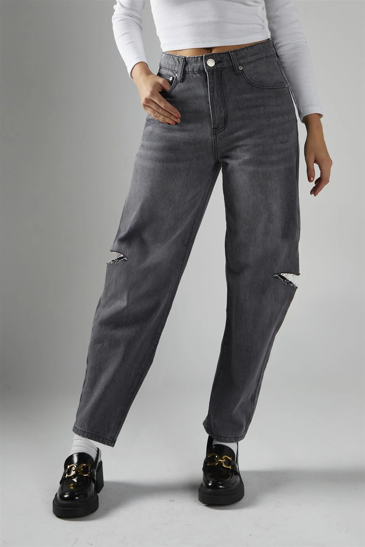 Dark Grey Wash Ripped Straight Jeans - Image 3