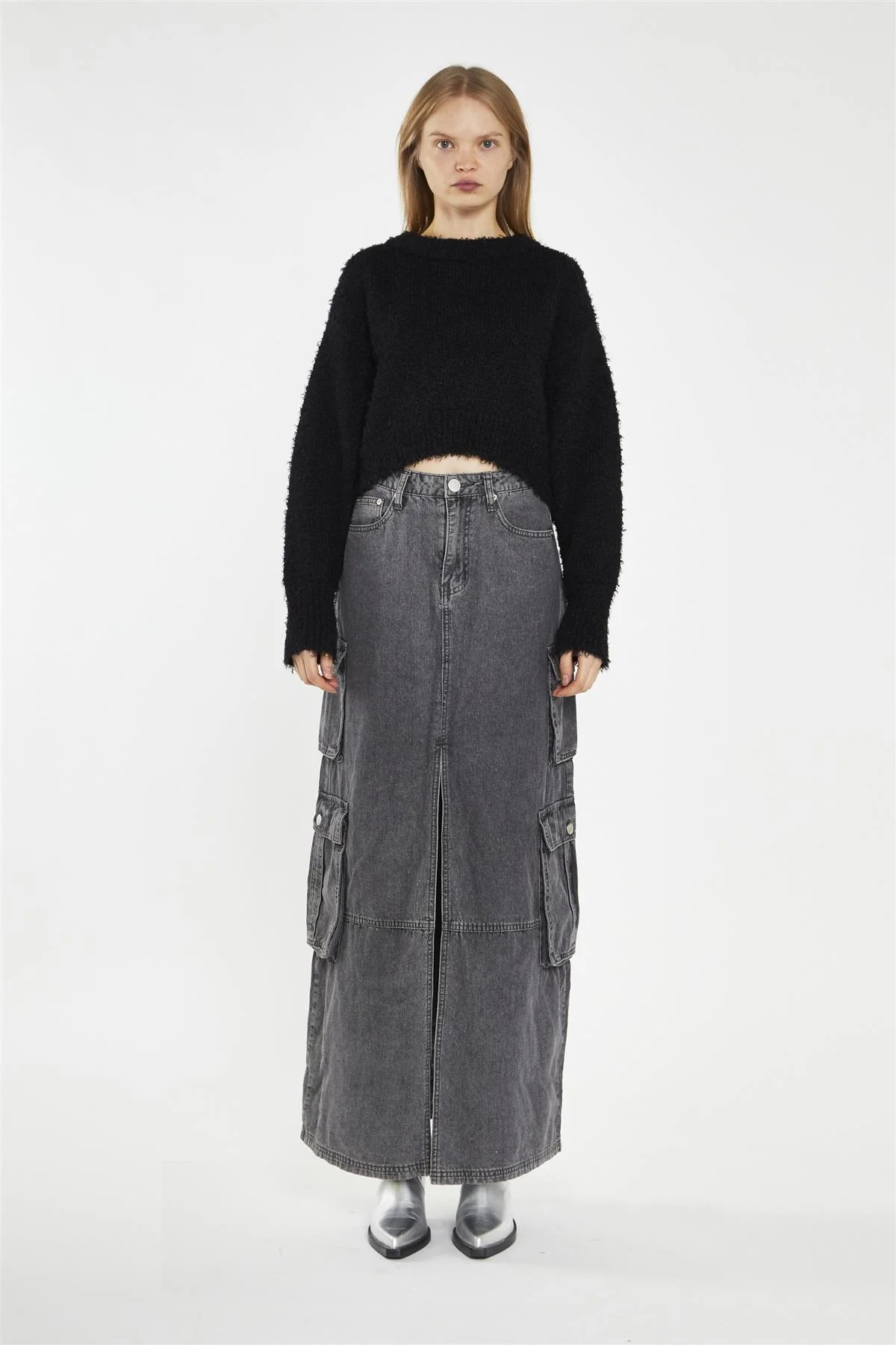 Denim Maxi Skirt - Grey Wash - Image 3