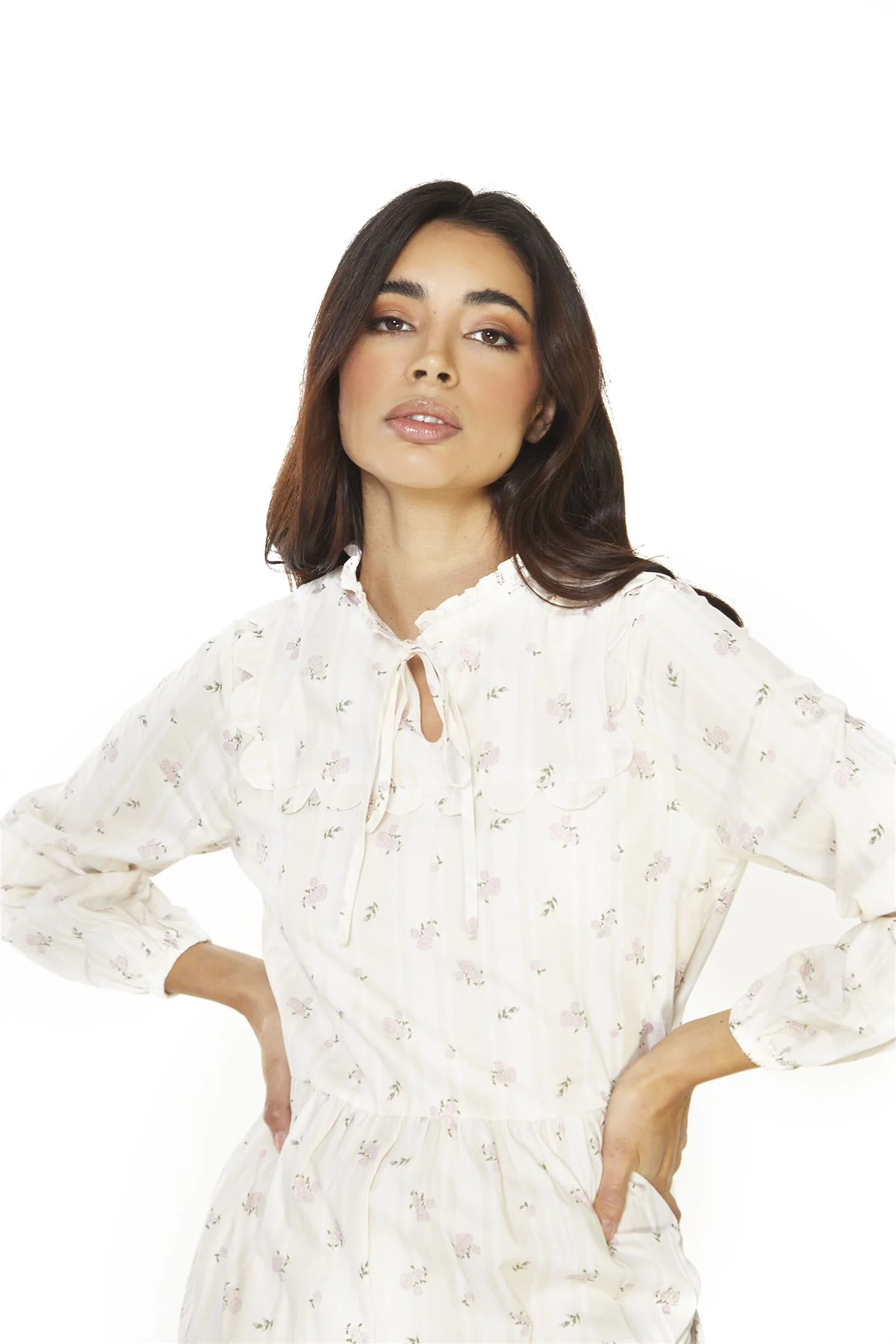 Ditsy Rose Stripe Long Sleeve Midi Dress - Image 4