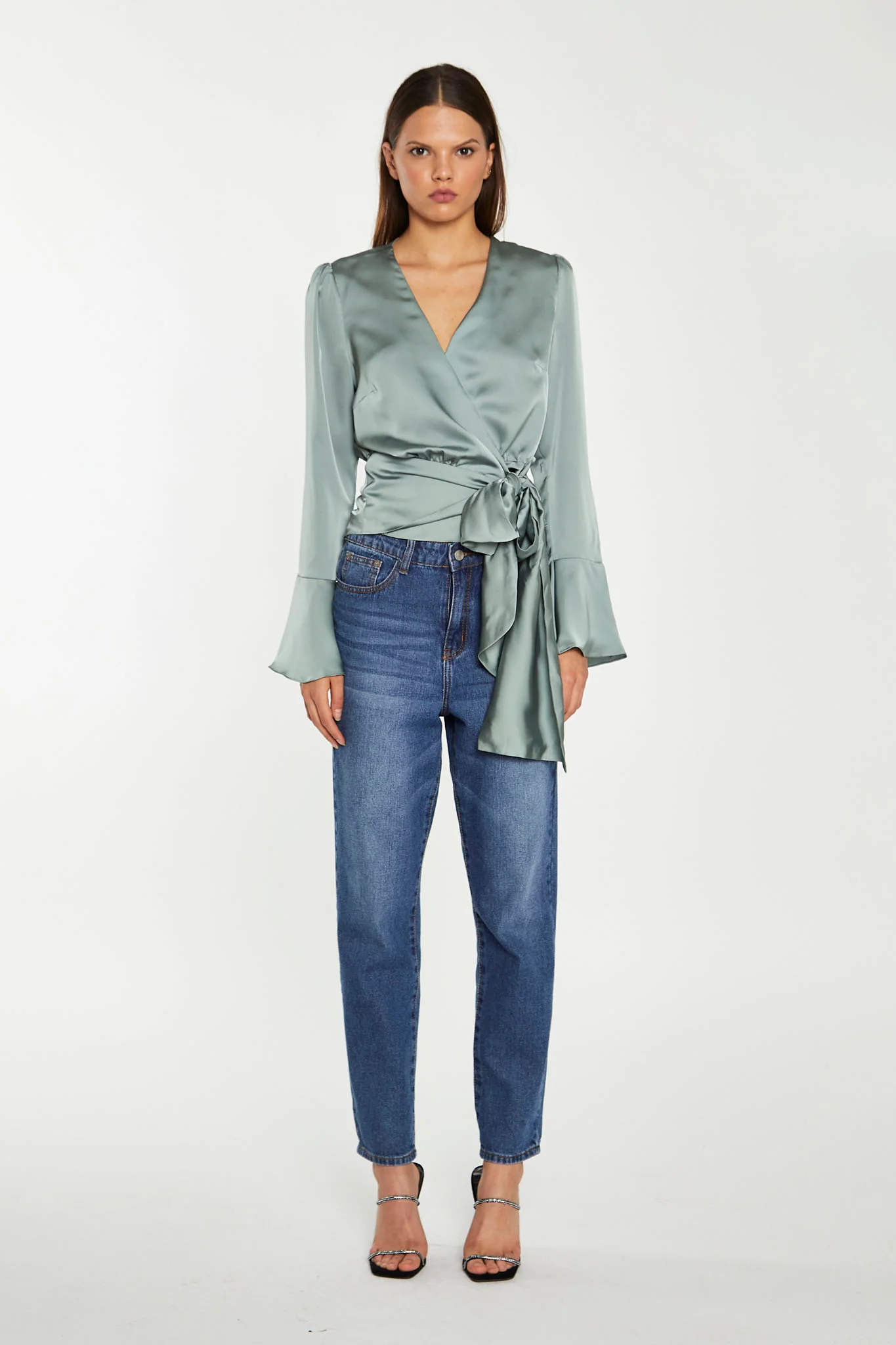 Dusty-Green Satin Wrap Front Blouse - Image 4