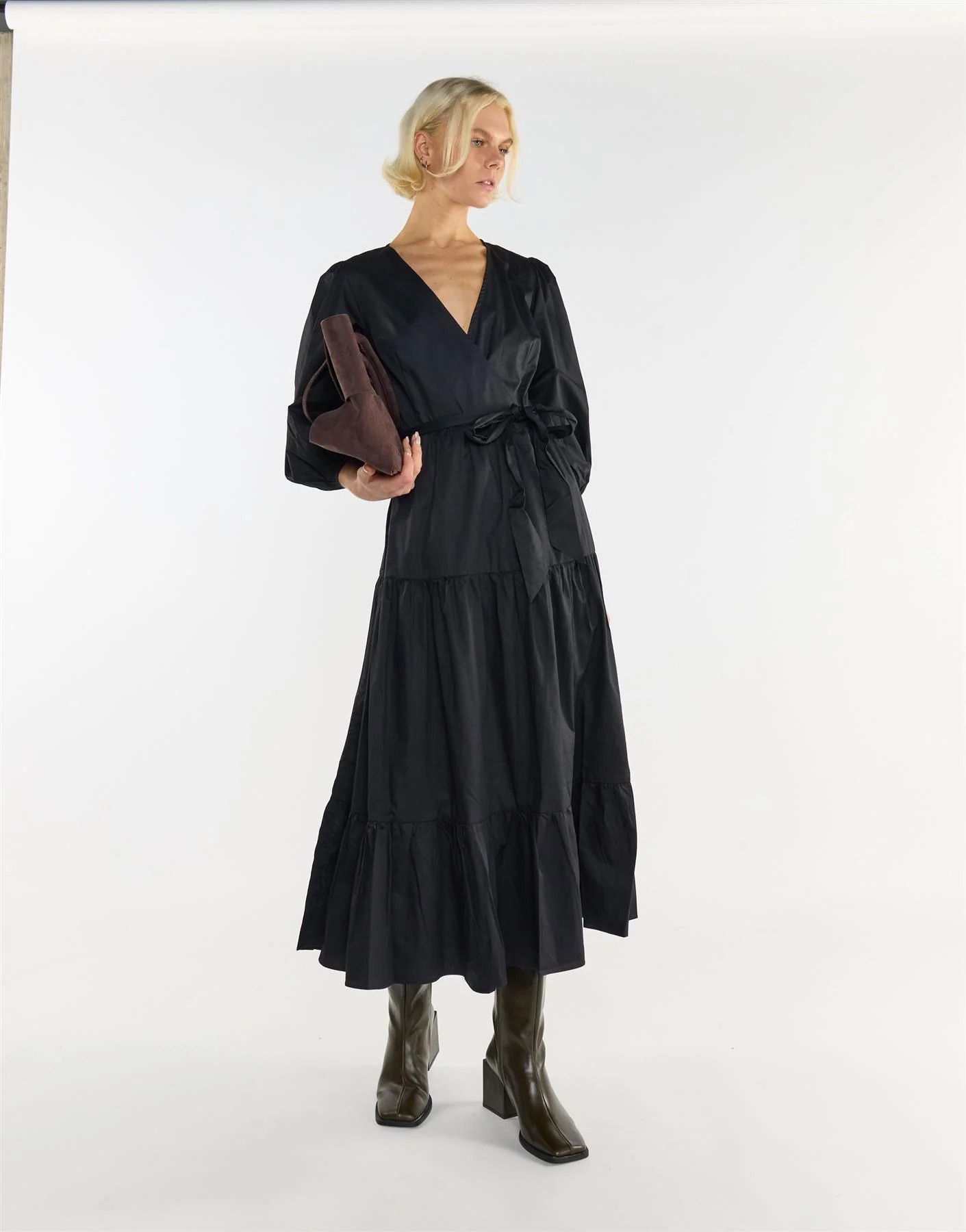 Elegant Black Tiers Wrap Over Maxi Dress - Image 2