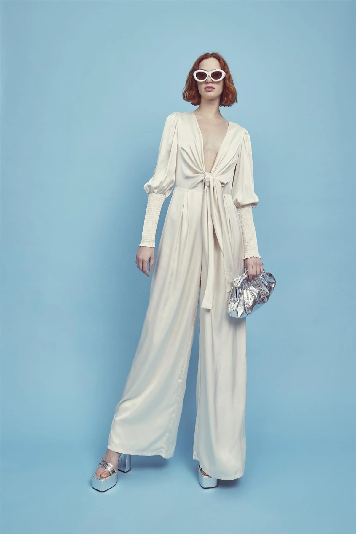 Frances Plunge Front Jumpsuit -Oyster - Image 3