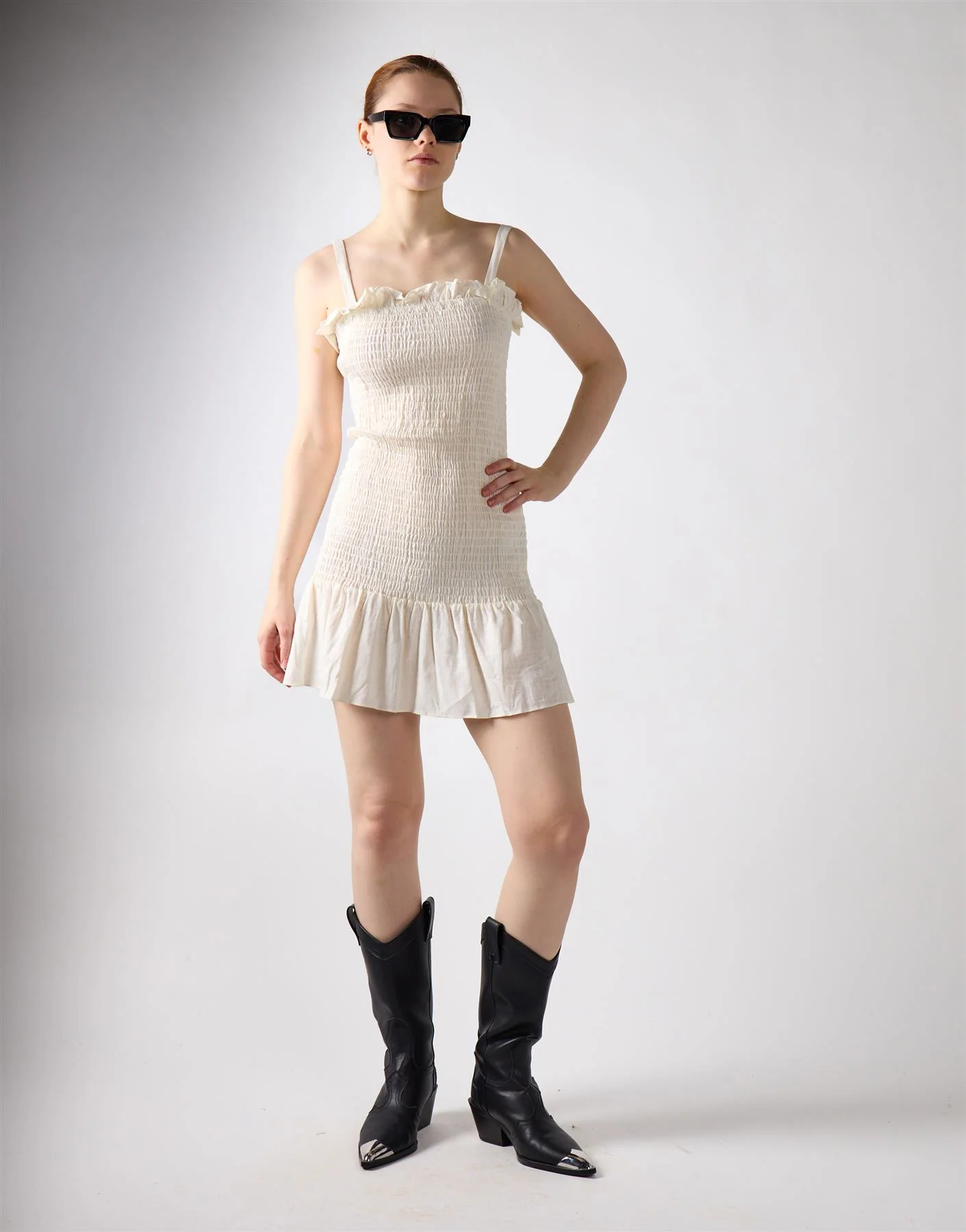 Frill Short Square Neck Dress - Off White