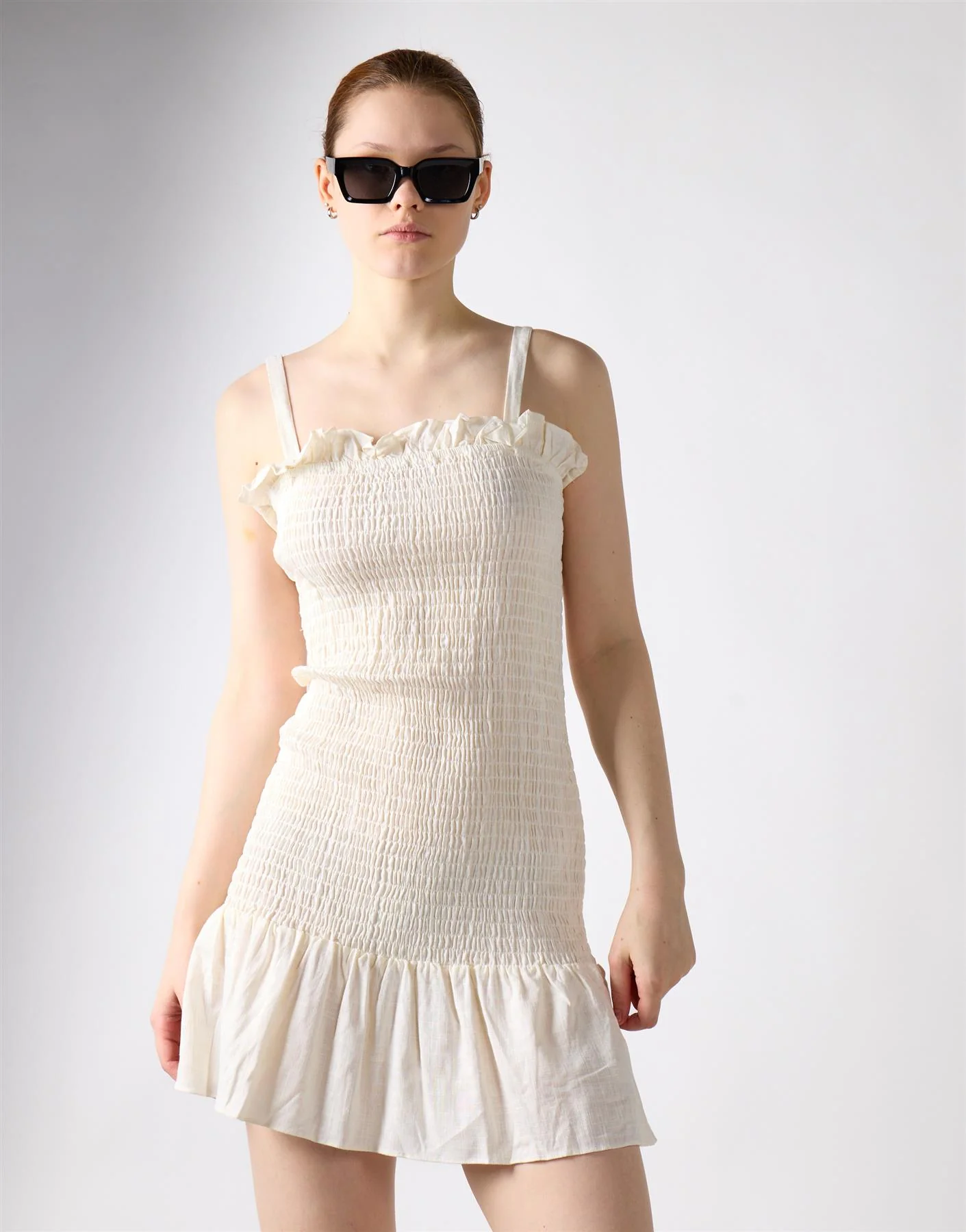 Frill Short Square Neck Dress - Off White - Image 4