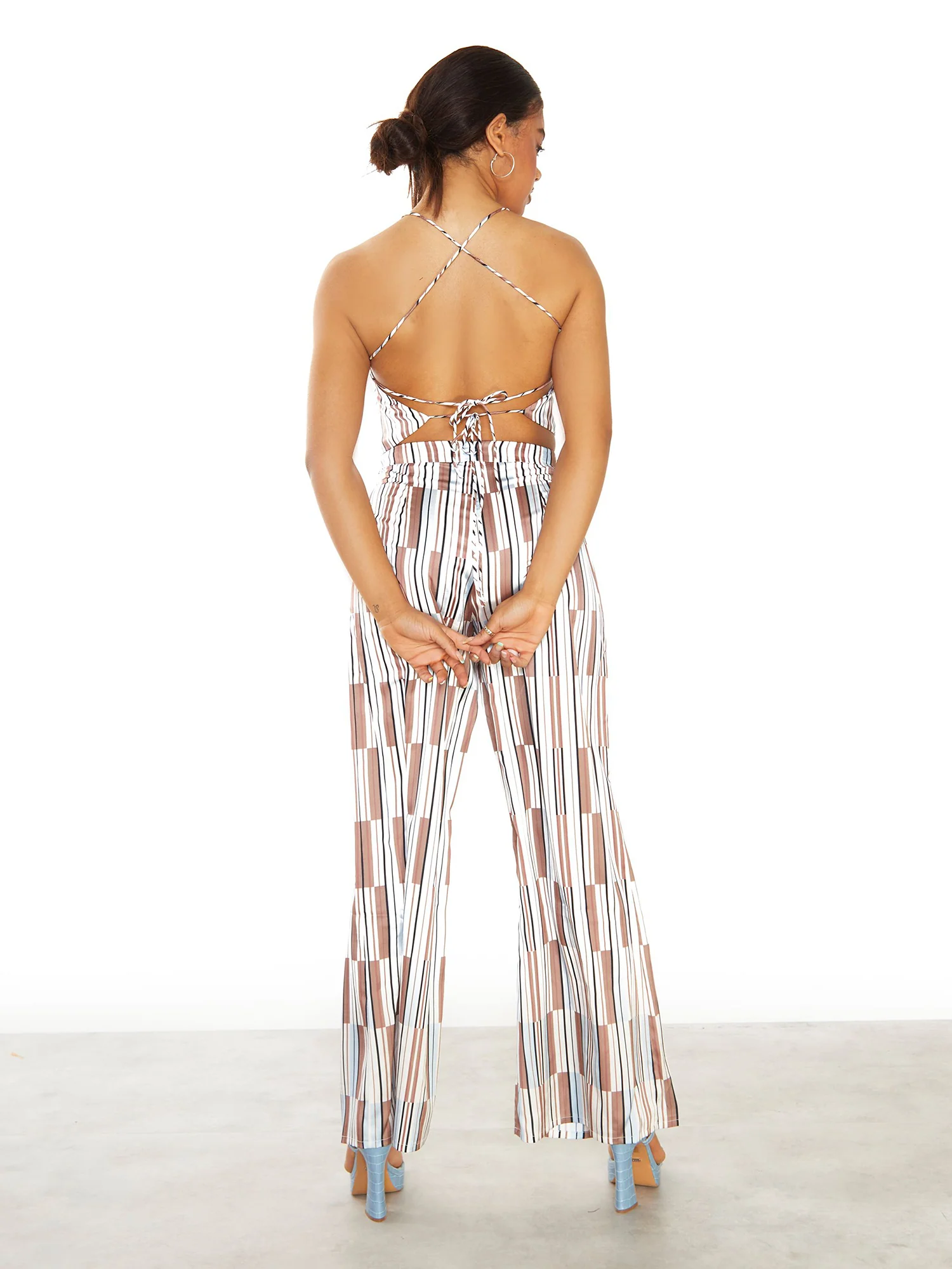 Glamorous Brown Blue Stripe High Waisted Trousers - Image 3