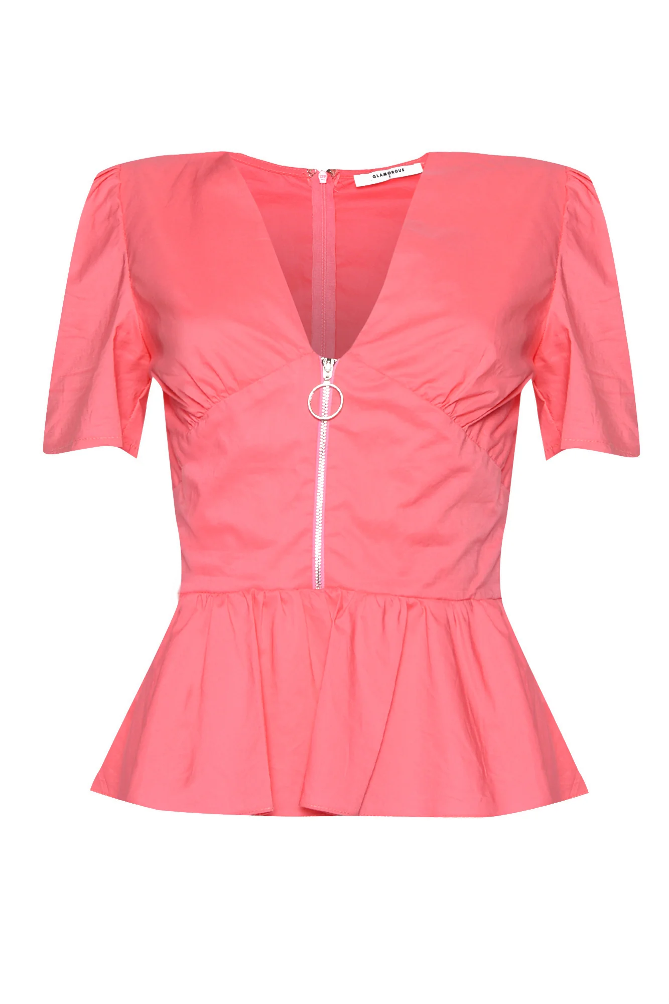 Glamorous Coral Pink Zip Front Peplum Cut Short Sleeve Top - Image 3