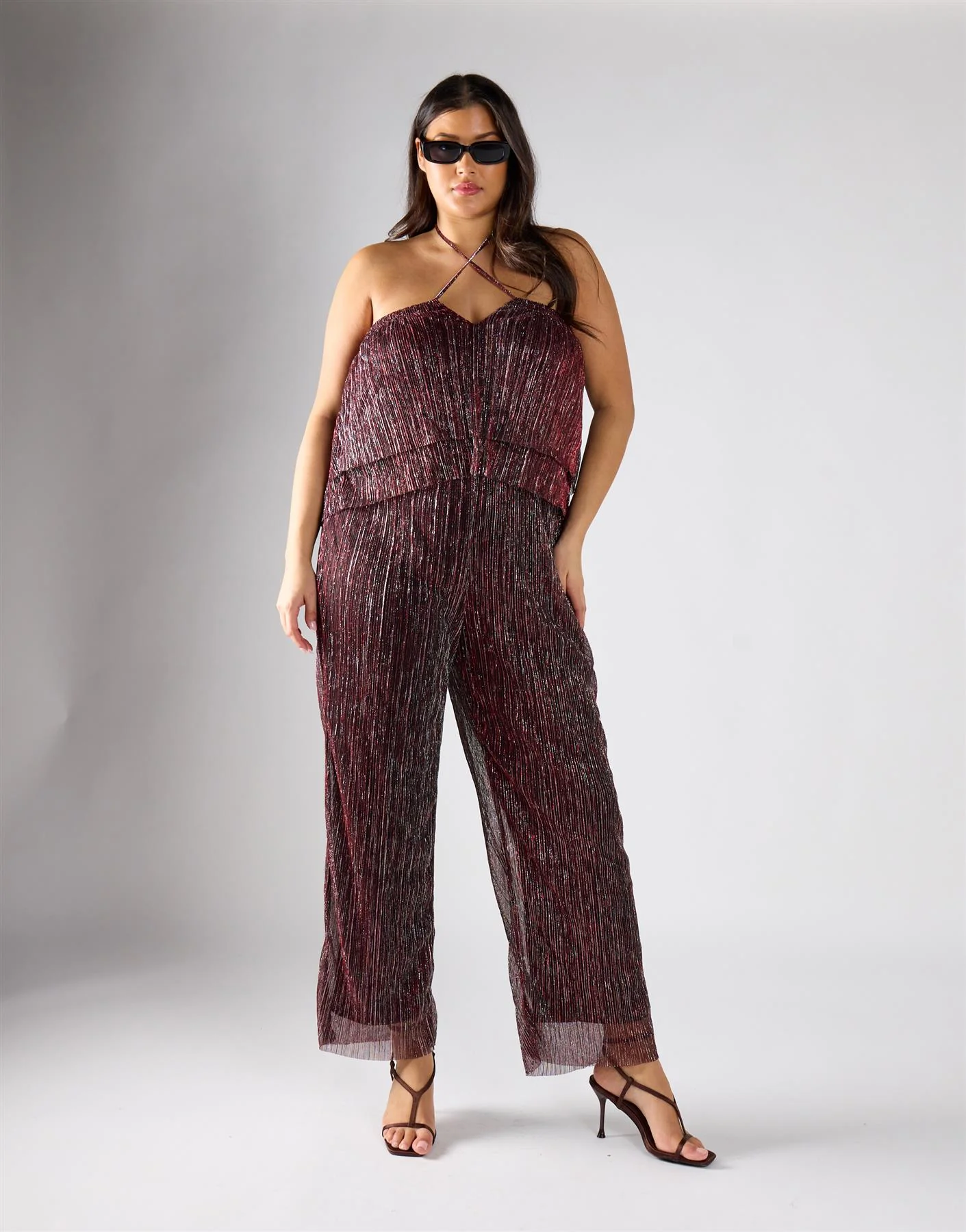Glamorous Curve Metallic Red Strap Neck Jumpsuit