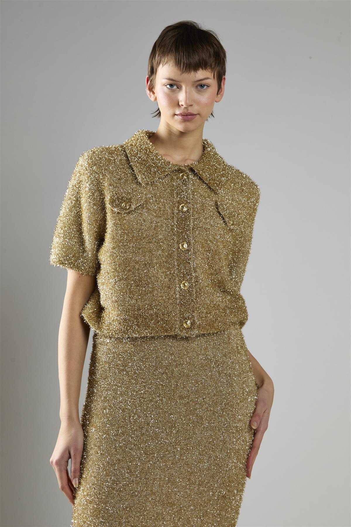 Gold Tinsel Button-Front Collar Short Sleeve Top - Image 3
