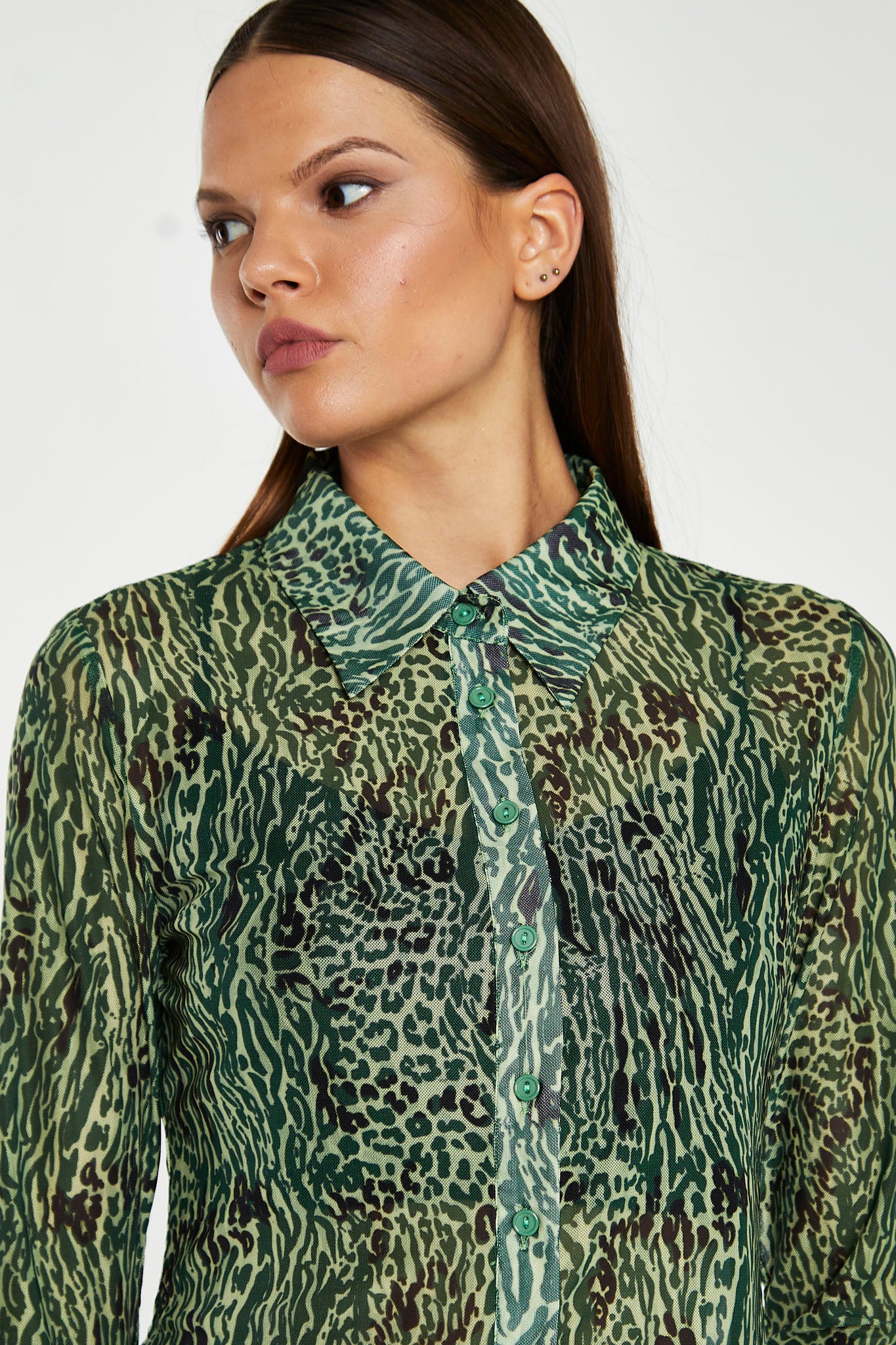 Green-Black Animal Mesh Skinny Fit Shirt - Image 3
