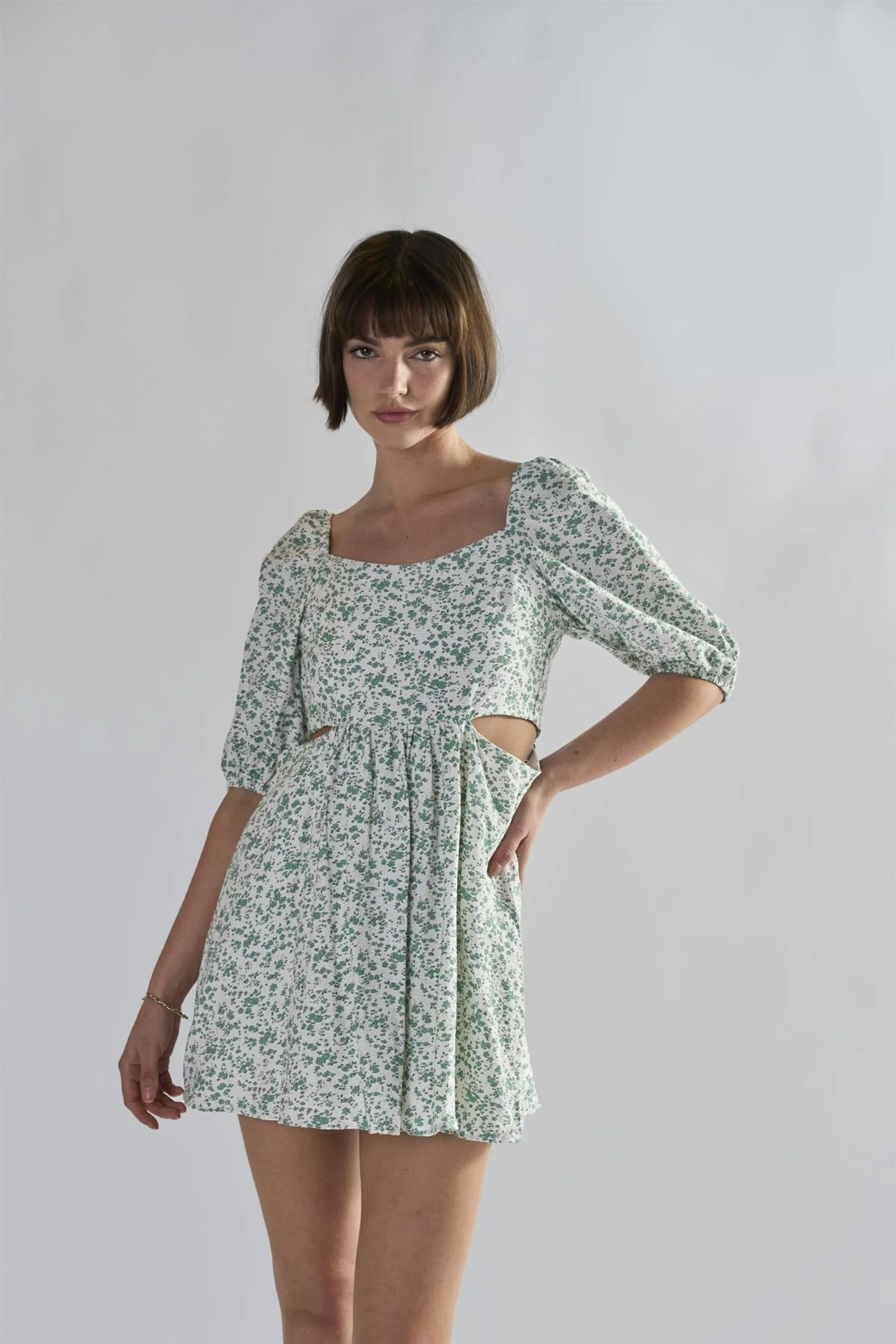 Green Ditsy Tie Back Square Neck Mini Dresses - Image 3