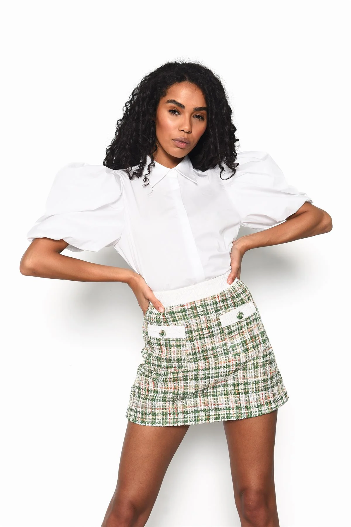 Green-Tweed-White High-Waisted Mini-Skirt - Image 3