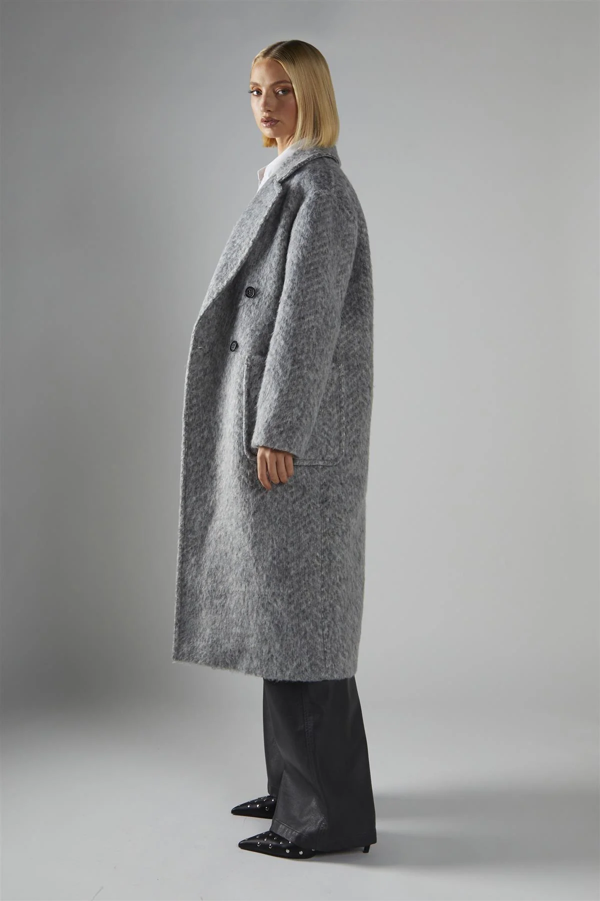 Grey Collared Midi Coat