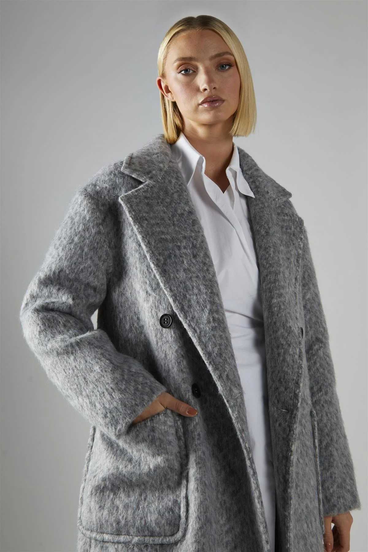 Grey Collared Midi Coat - Image 2