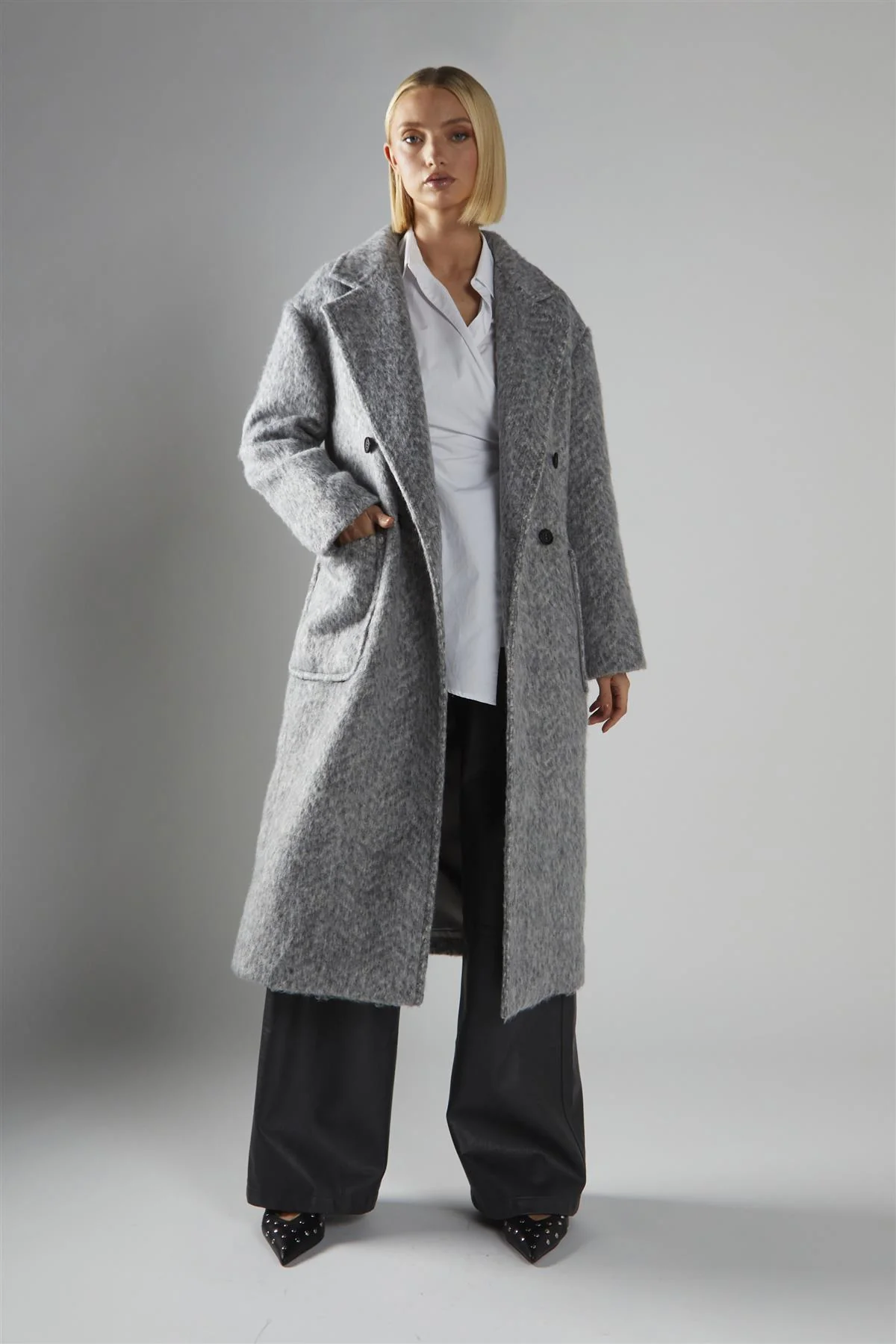 Grey Collared Midi Coat - Image 3
