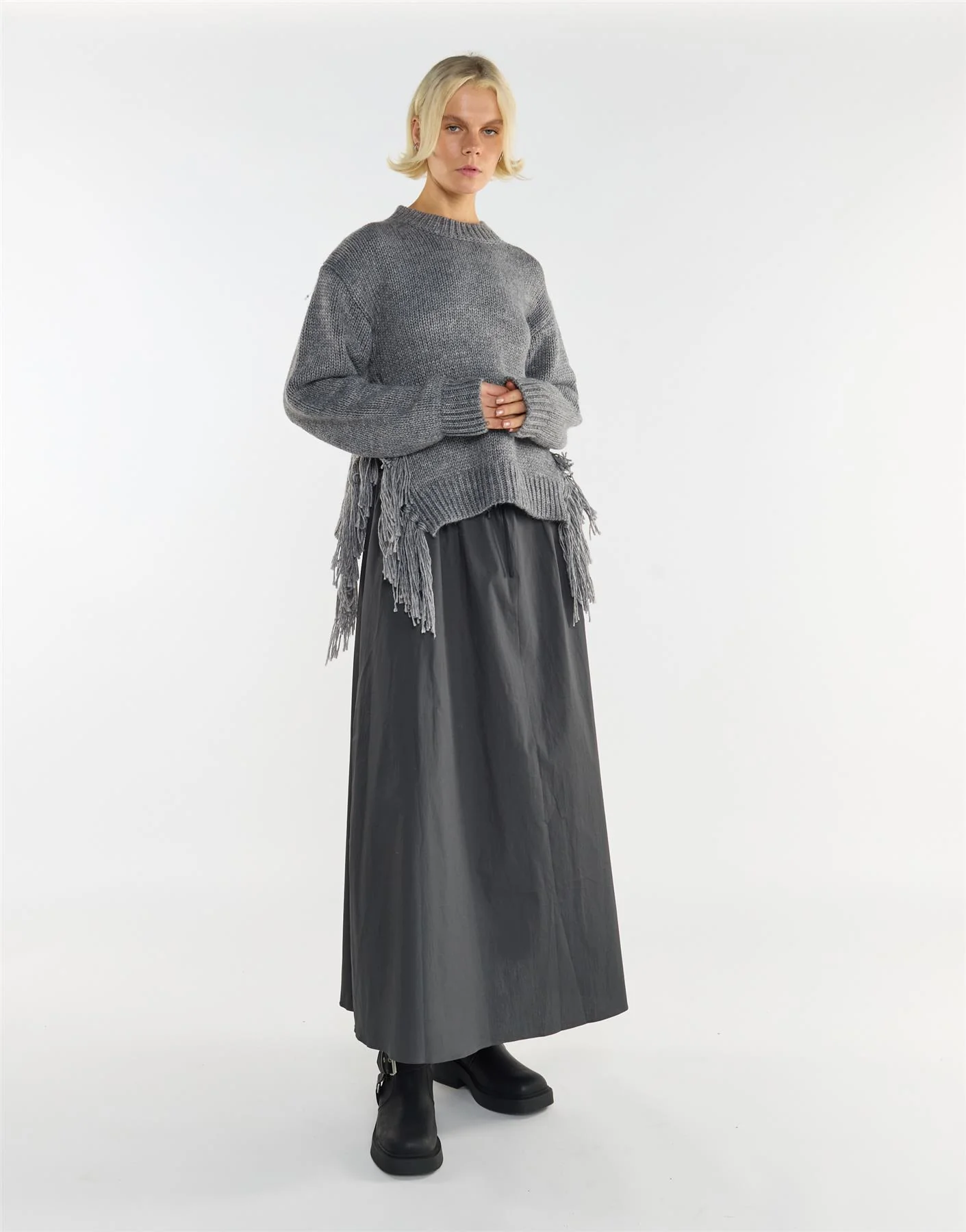 Grey Marl Fringe Trim Crew-Neck Jumper