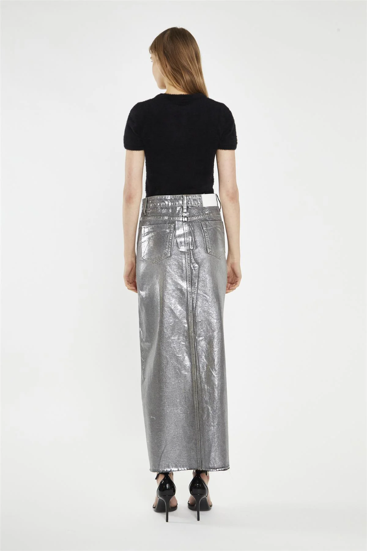 Grey Silver-Foil Denim Split-Front Midi-Skirt - Image 2
