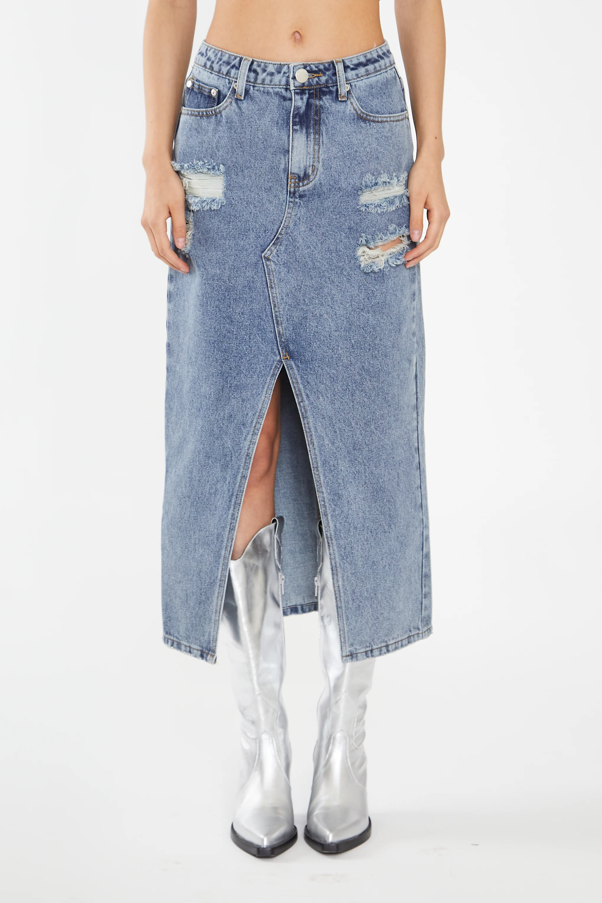 Heavy-Vintage Wash Front-Split Distressed Denim Midi-Skirt - Image 3