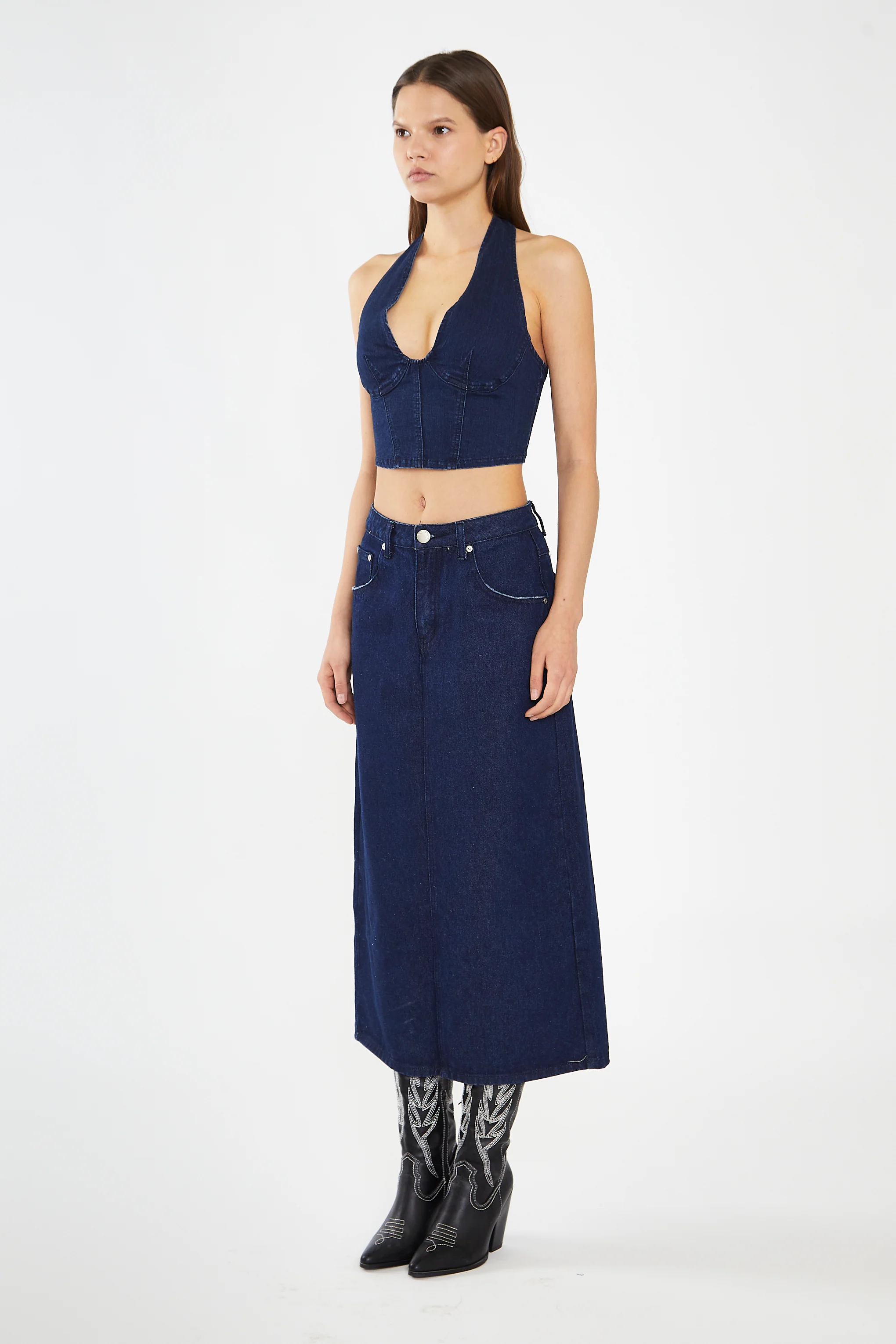 Indigo-Blue Front Split Denim Maxi-Skirt - Image 4