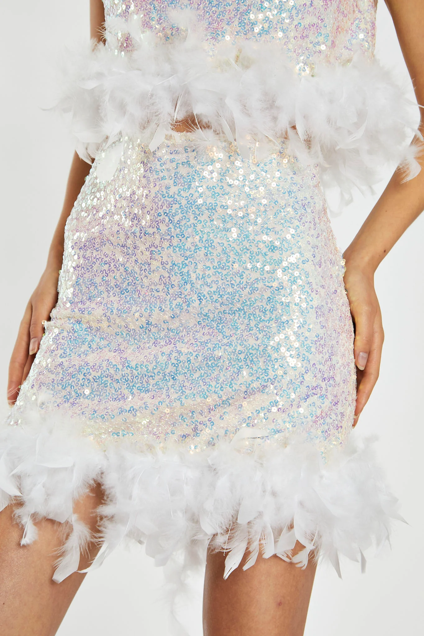Iridescent-Sequin White Feather Trim Mini-Skirt - Image 3