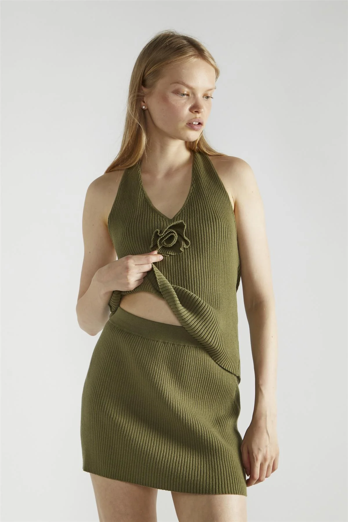 Khaki Ribbed Mini-Skirt - Image 3