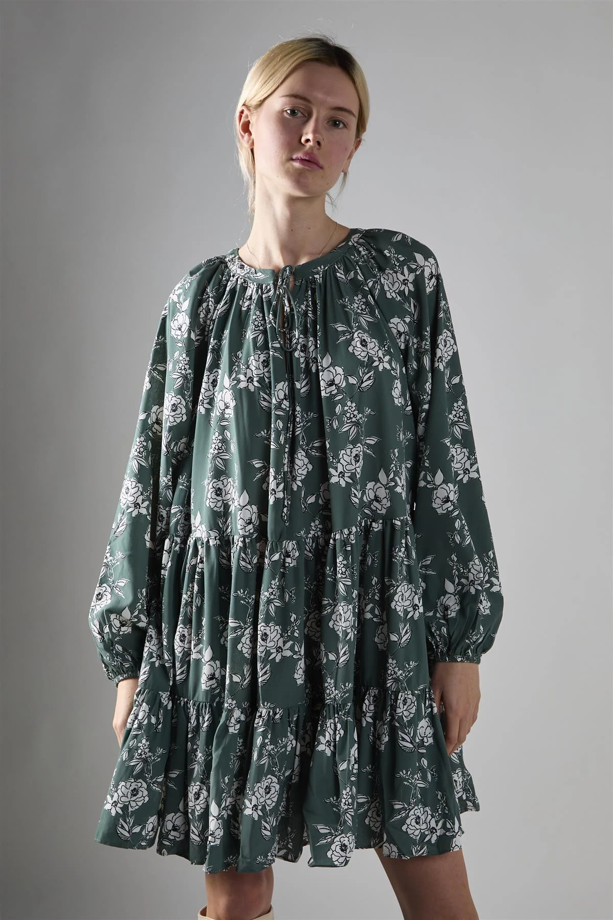 Khaki White Floral Poplin Tiered Mini-Dress - Image 3