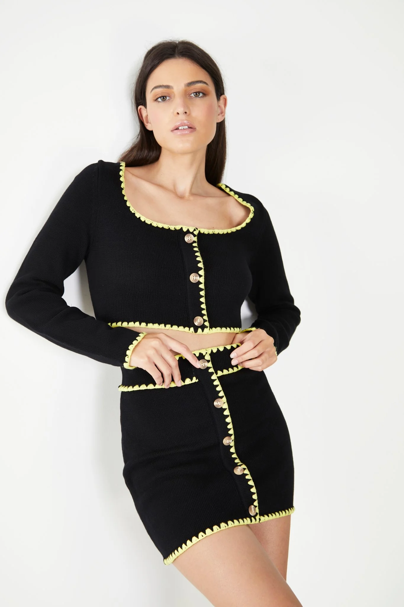 Glamorous Care Black Button Up Cardigan with Yellow Scalloped Trim - Image 4