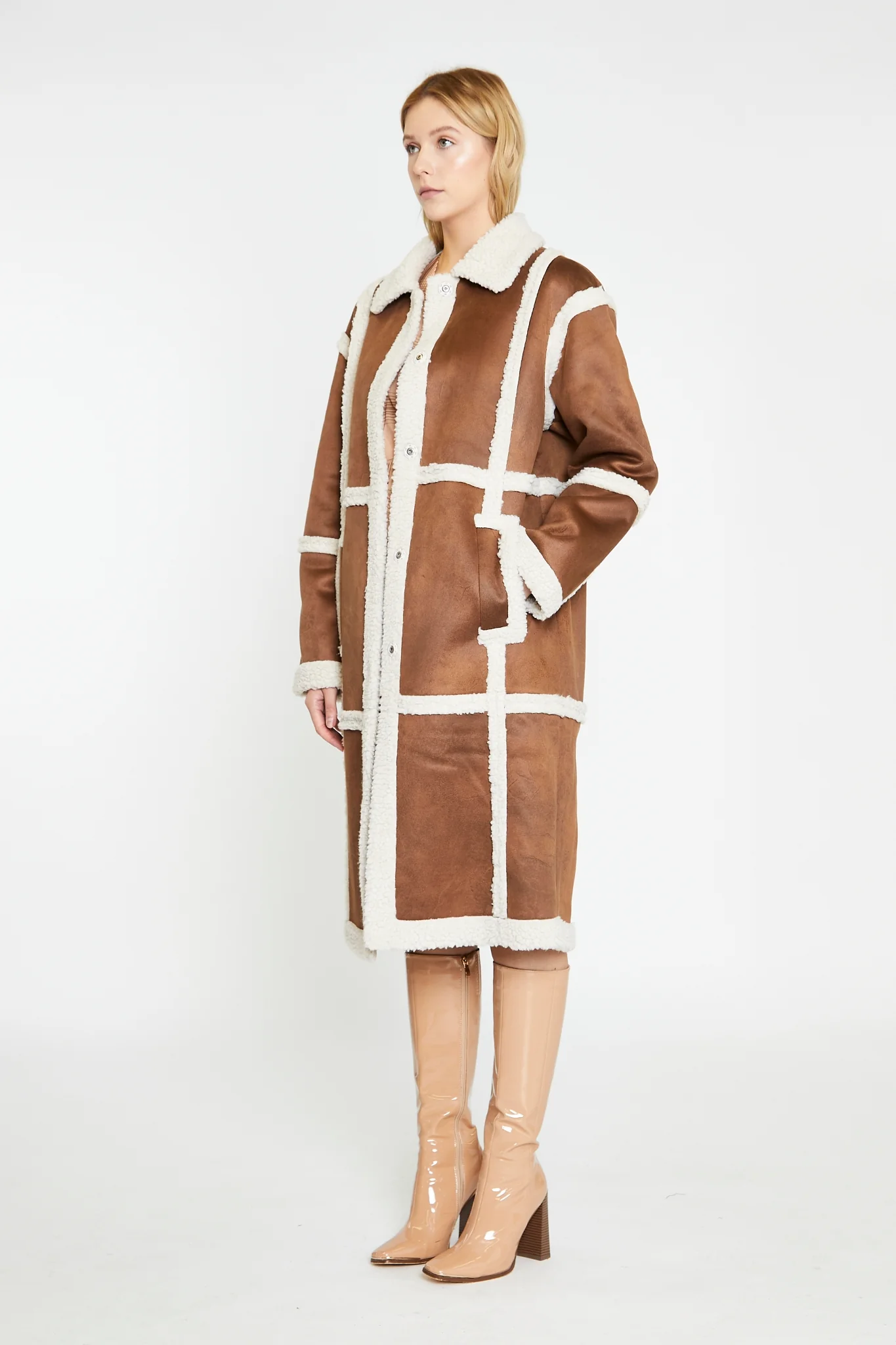 Tan-Cream Shearling Midi-Coat - Image 3